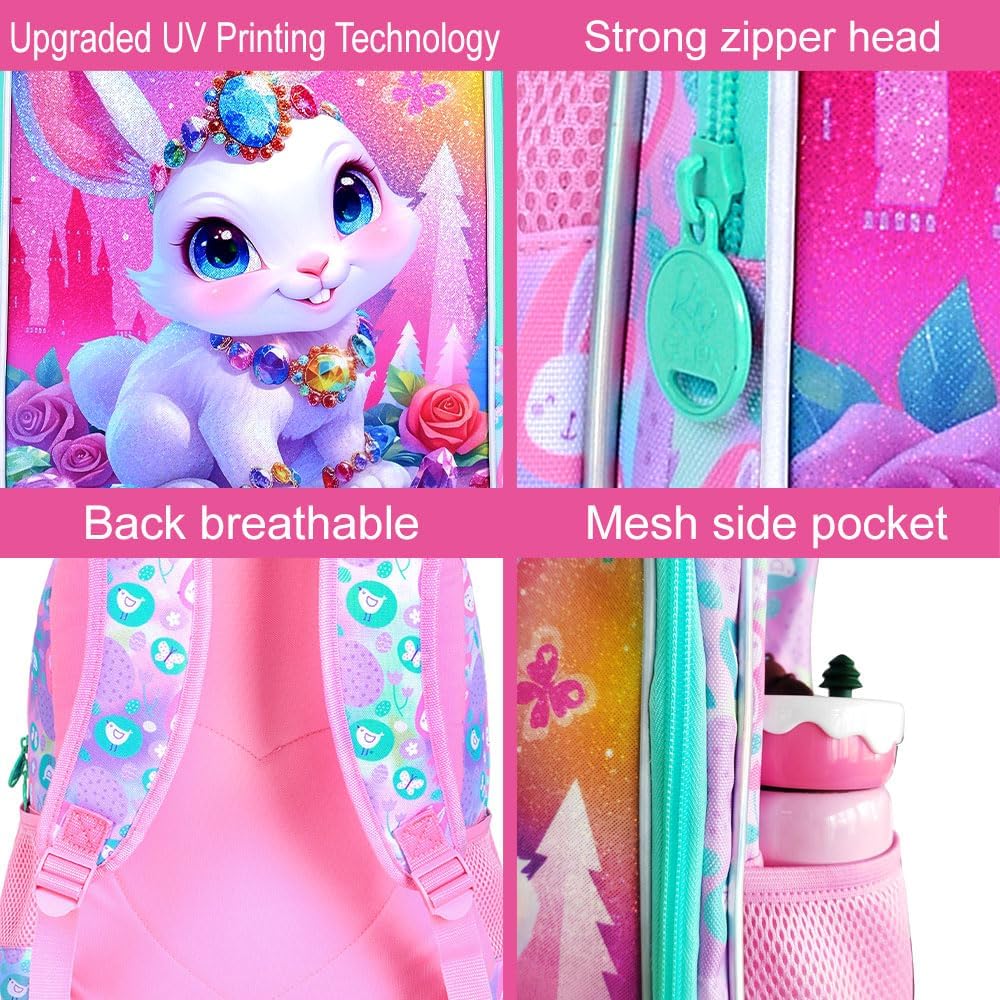3Pcs Bunny Backpack for Girls, 16" Kids Bookbag for Elementary Preschool Kindergarten, School Backpacks with Lunch Box(Pink)