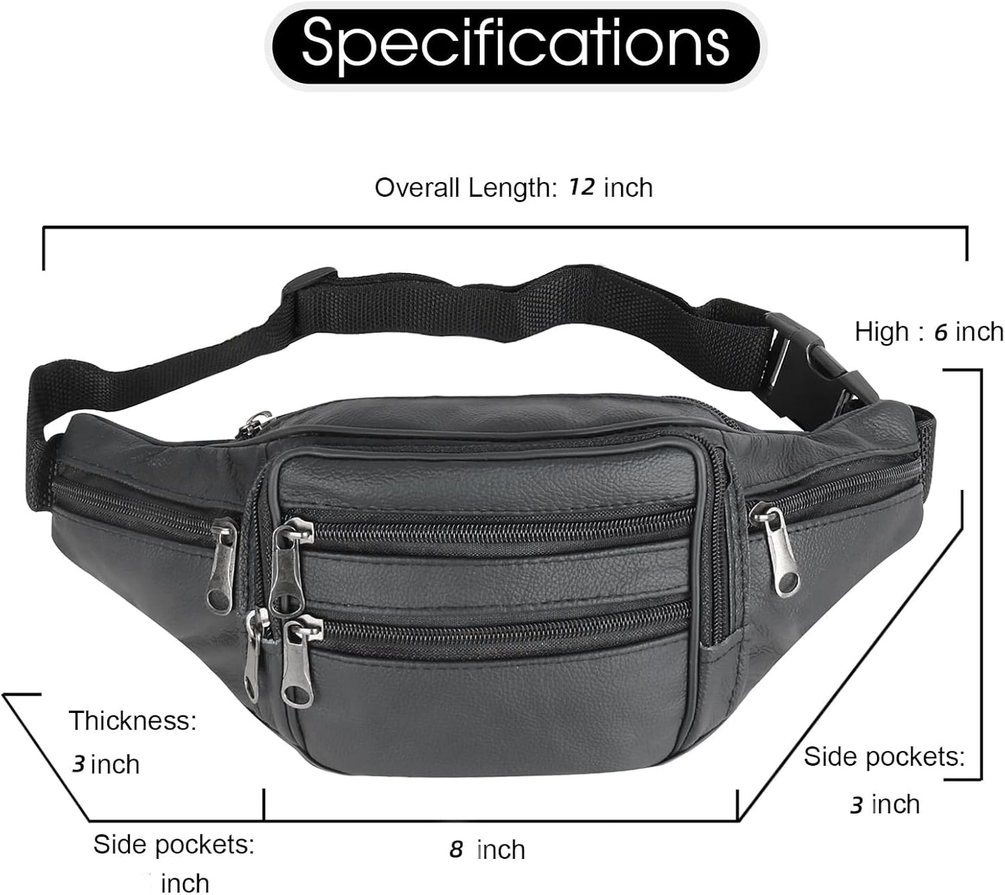 7 Pockets Leather Fanny Pack Travel Waist packs Waist Pack Suitable for Outdoor Mountaineering Travel Camping Cycling Running etc updated version Fanny packs (Black)
