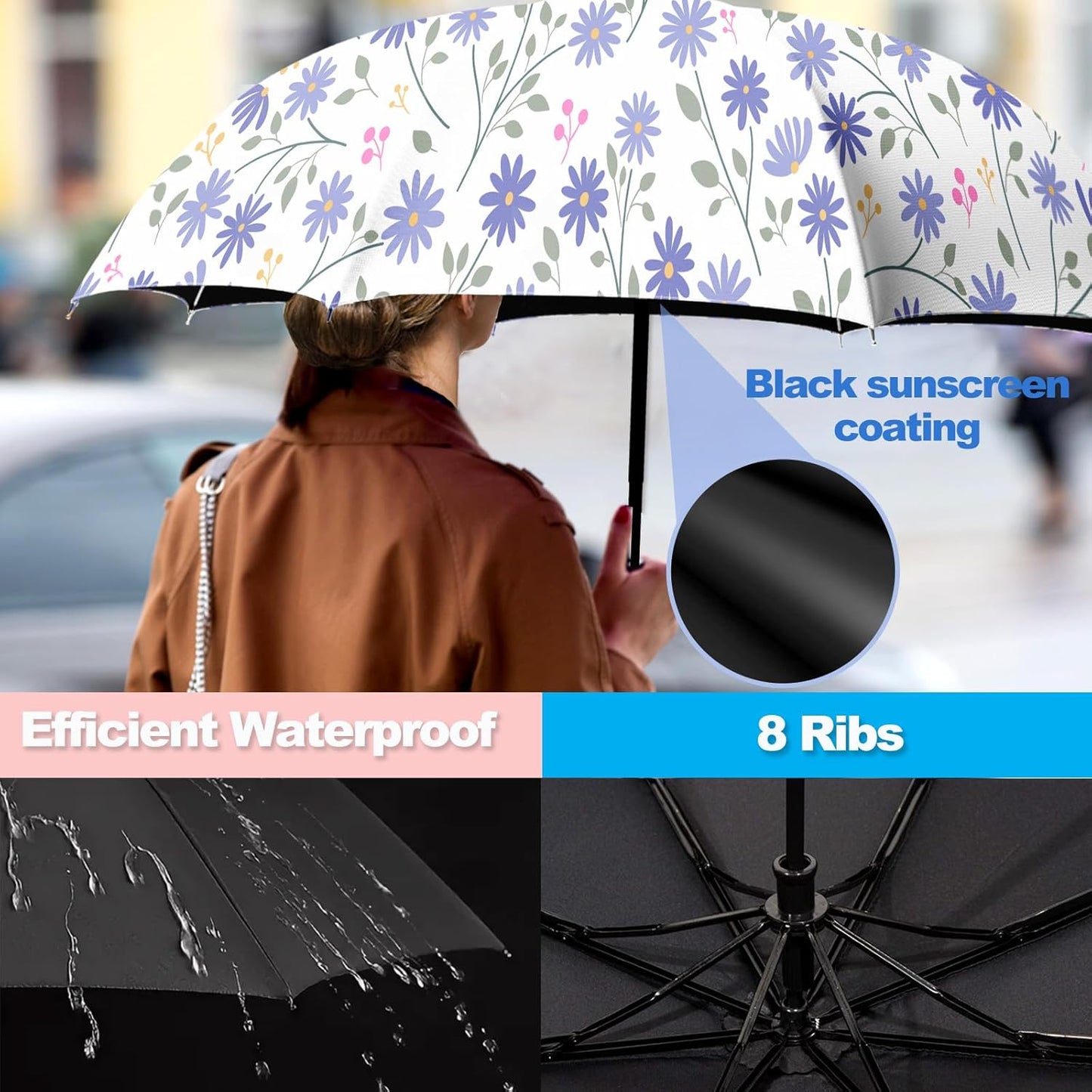 Small Travel Folding Umbrella for Girl, Portable, UV, SunShade, Compact, Automatic, Rain & Wind