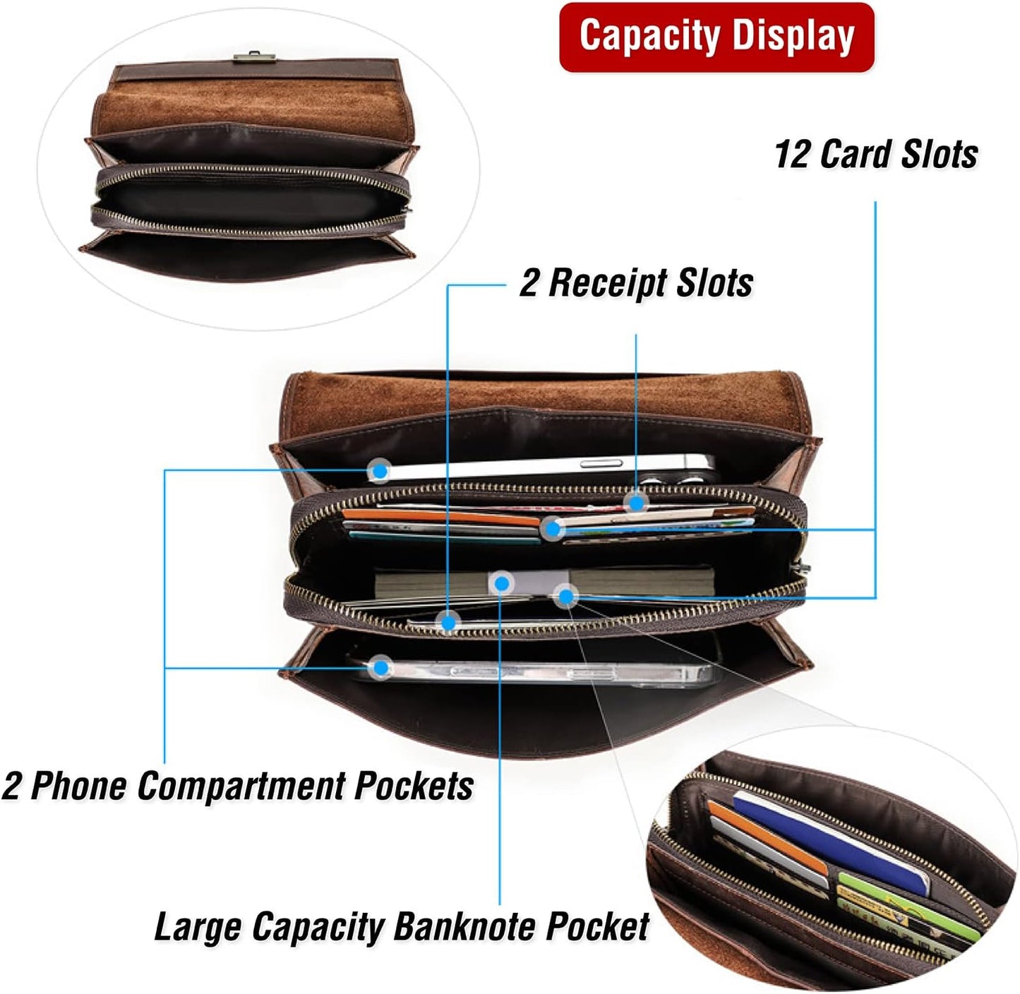 Top Grain Genuine Leather Handbag Wallet with Wristlet for Man & Woman, Handmade Vintage Design, Combination Lock & Multi Pockets/Slots, RFID Large Capacity for Card/Check/Banknote/Passport, Red Brown