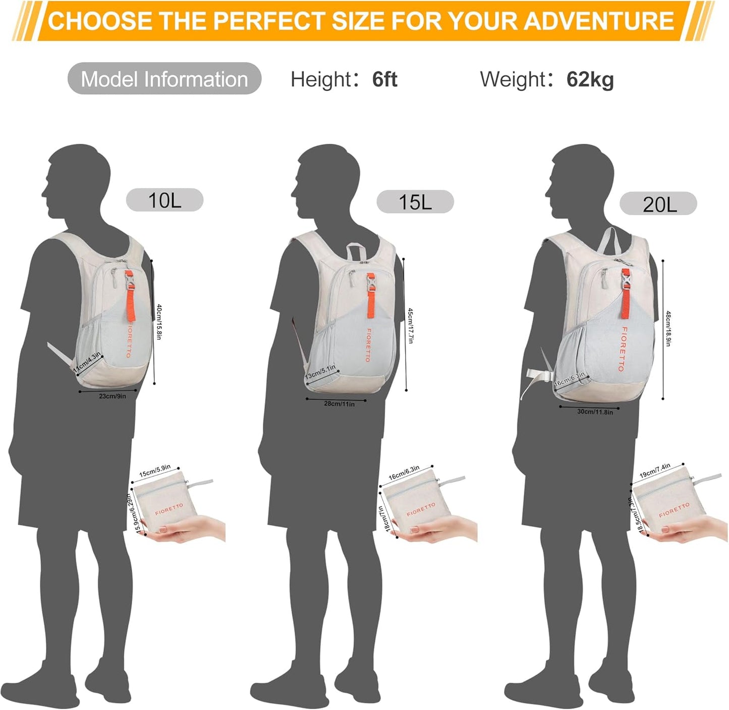 FIORETTO 10L Hiking Backpack for Women Men Mini Packable Backpack Lightweight Small Daypack for Camping Travel Outdoor, Beige