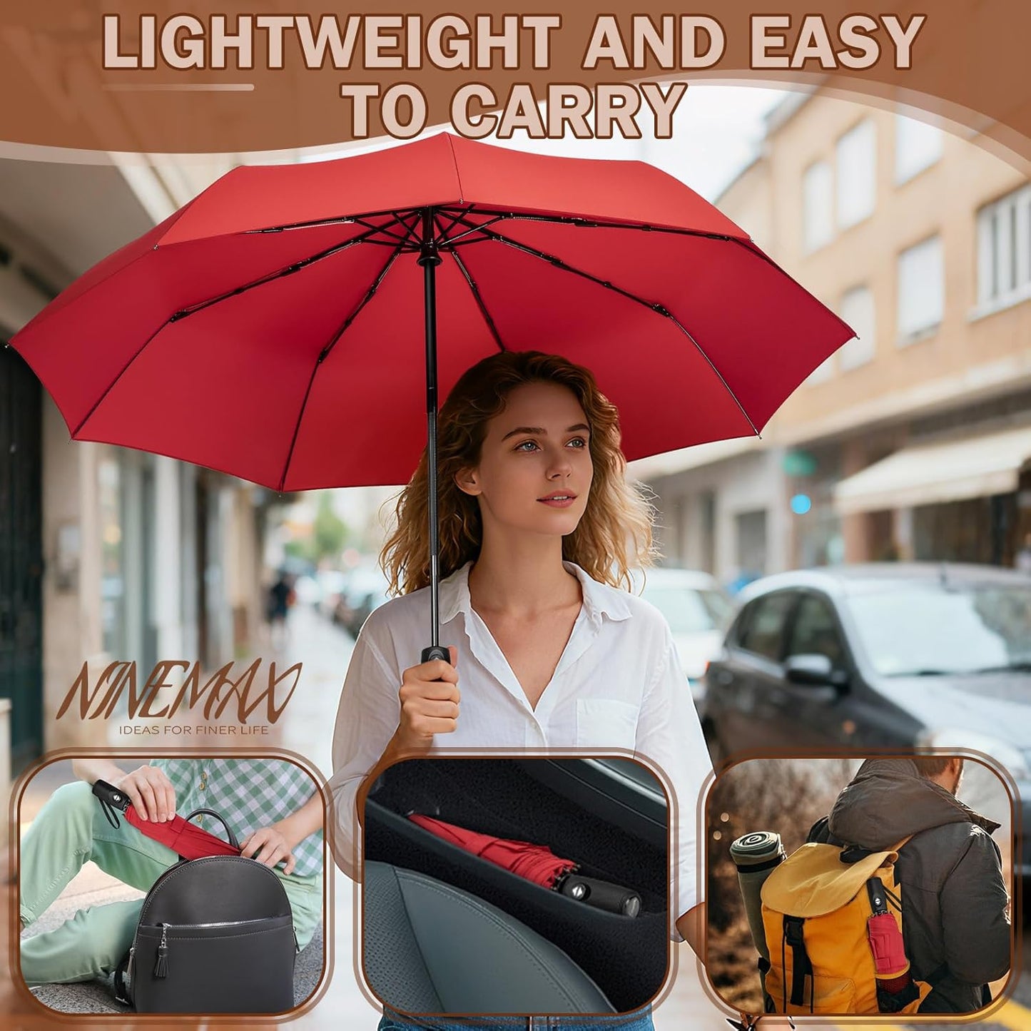 NINEMAX Travel Folding Umbrella Windproof for Men Women, Portable Compact Umbrellas Automatic Open and Close for Rain