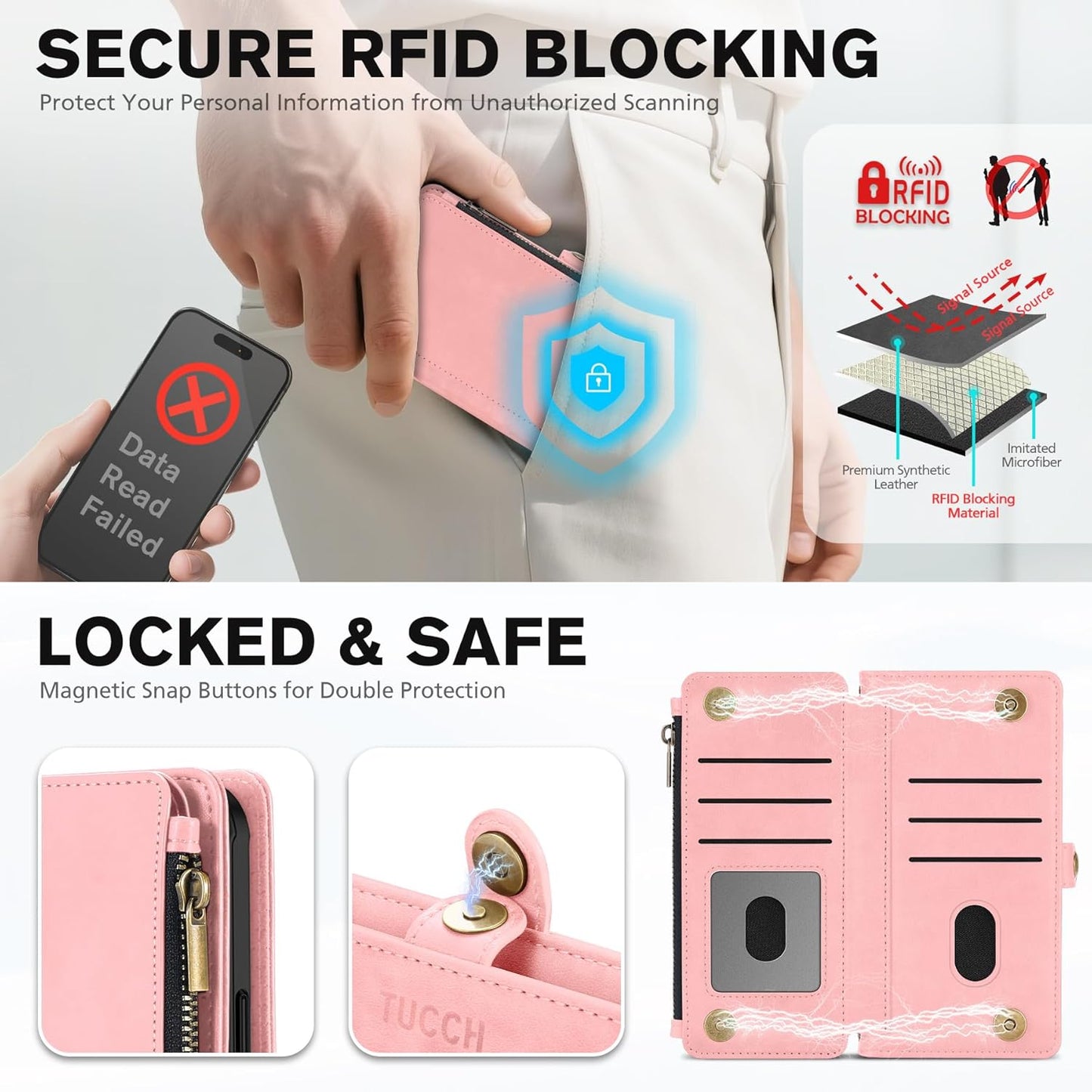 TUCCH Detachable Crossbody Wallet Case for iPhone 17 Pro 6.3", 9 Card Slots RFID Blocking | Stand | Lanyard Wrist Strap | Wireless Charging | Zipper Pocket | PU Leather Magnetic Flip Cover | Rose Gold