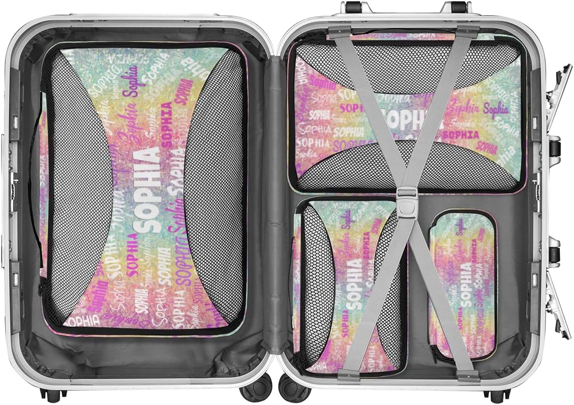 Custom 4 Packing Cubes Set, Lightweight Mesh Travel Luggage Organizers for Travel, 4 Pieces Suitcase Storage Bags, Colorful Rainbow Glitter