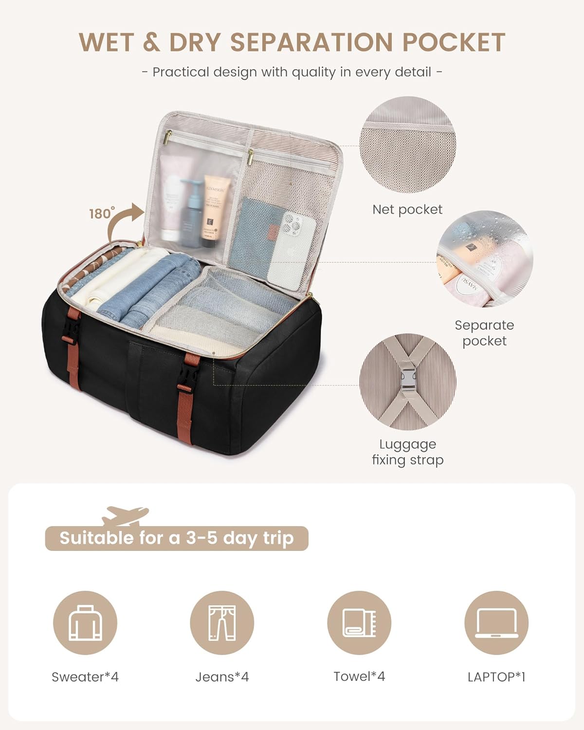 LOVEVOOK 50L Travel Backpack for Women, TSA Approved Carry On Backpack with 3 Packing Cubes, Personal Item Bag Fits 17" Laptop, Water-resistant Carry On Bag for Airplanes