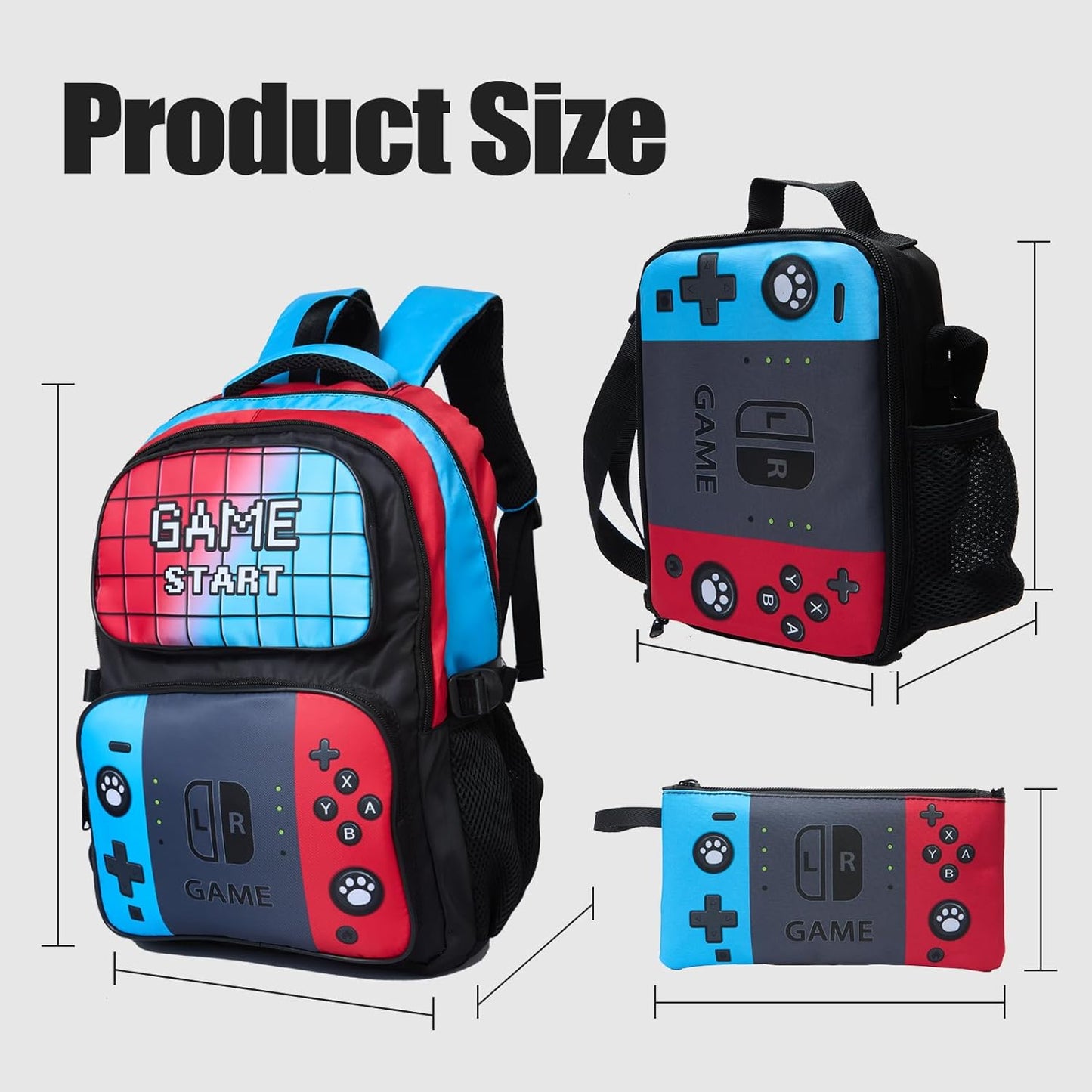 3pcs School Backpack for Boys 17”Kids Gamer Bookbag with Lunch Box&pencil case for Children Elementary Middle Students