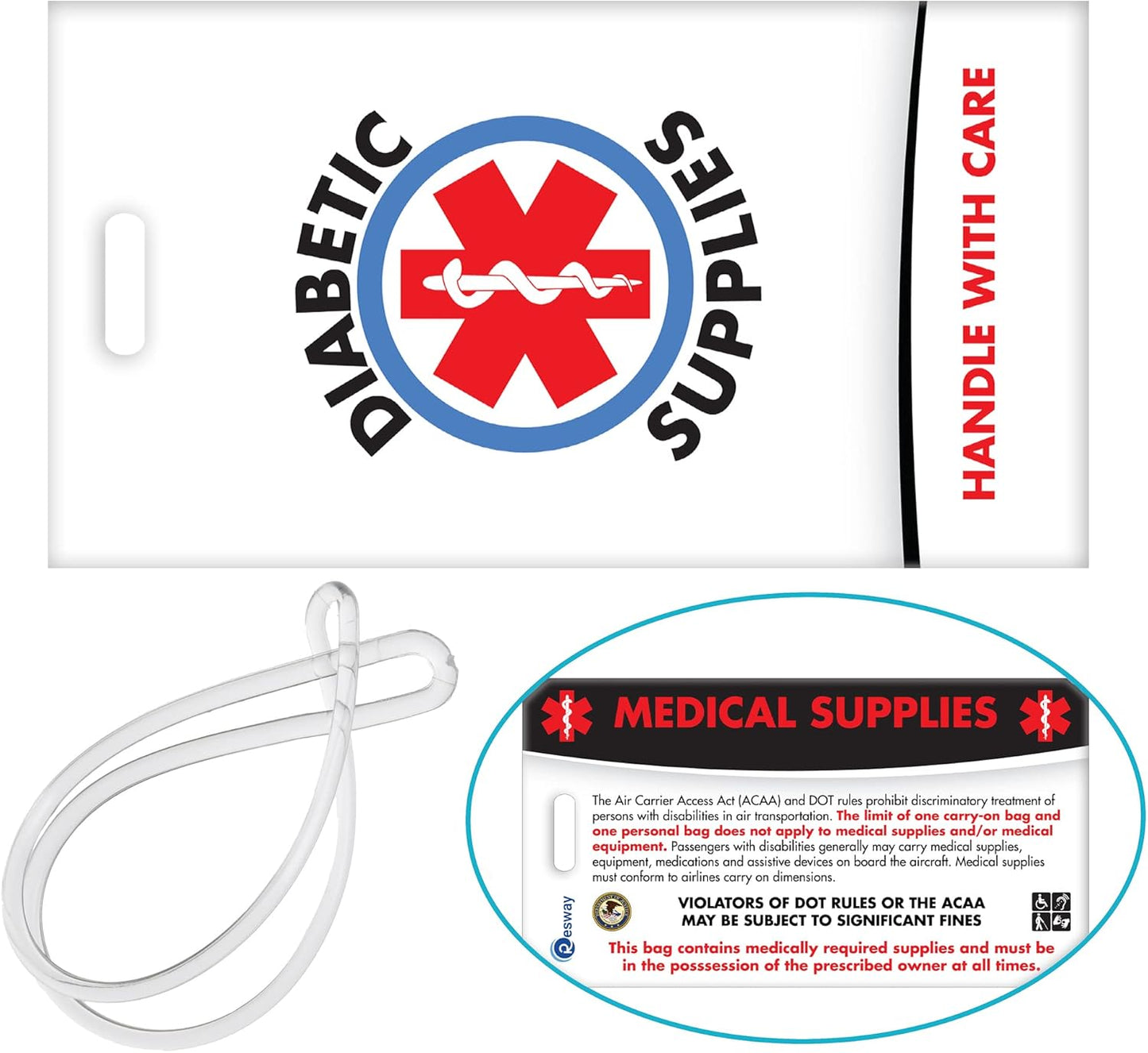 Diabetic Supplies ID Identification Luggage Tag | White | Medical Alert | Insulin Medical Equipment | Handle with Care | Bag Tag | Luggage Gift