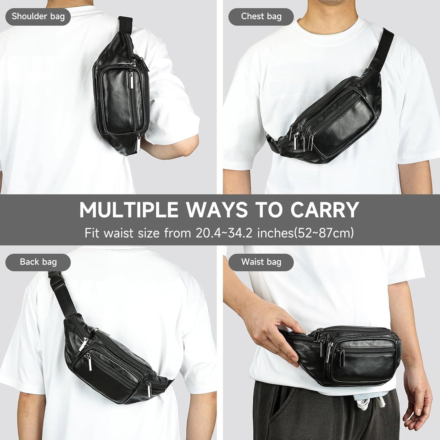 Crazy Horse Genuine Leather Fanny Pack for Men Women Crossbody Waist Bag Running Sling Phone Purse (Black)