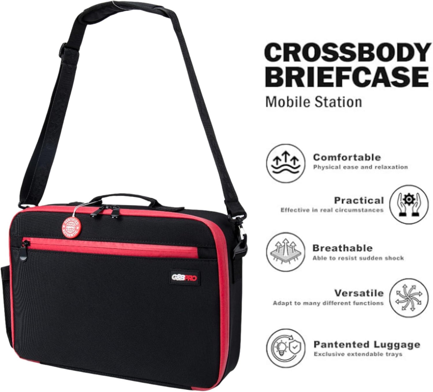 G&BPRO Crossbody Briefcase with Extending Tray System | All-in-One Mobile Workstation Laptop Travel Bag with Expandable Storage & Organizer Compartments - Black With Red Zipper