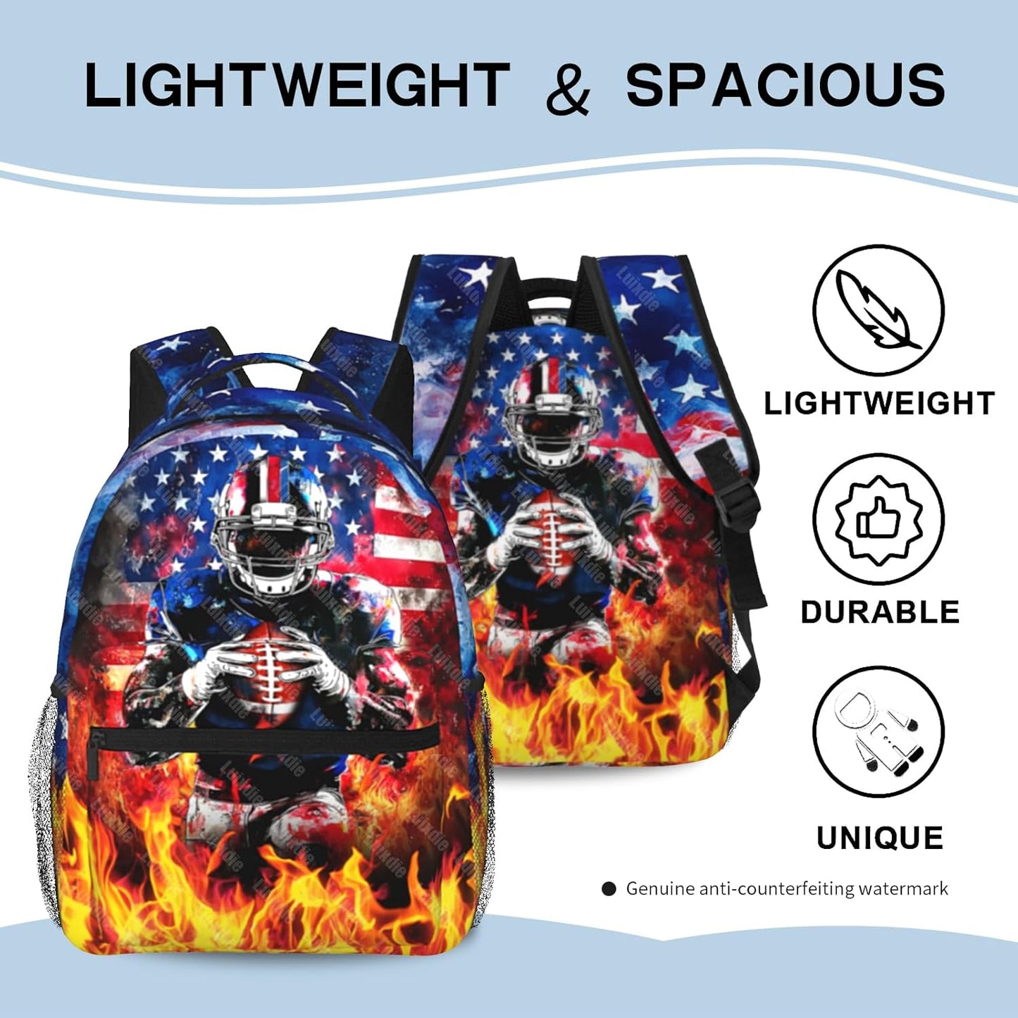 American Flag Football Print Backpack Sports Theme Boys Backpack School Bag Computer Backpacks Book Bag Travel Hiking Camping Gym Daypack Backpack for Kids Boys 8-12