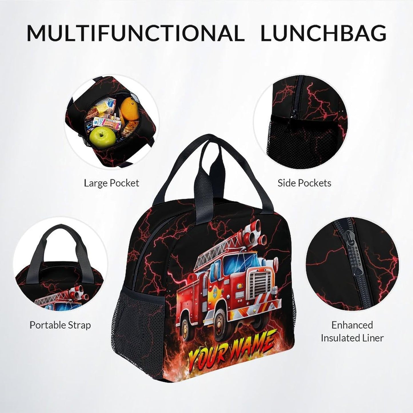 Personalized Backpack with Lunch Box, Custom Boys Bookbag for Ages 6-8, Fire Truck Backpack for School, 17 Inch Preschool Elementary Book Bag