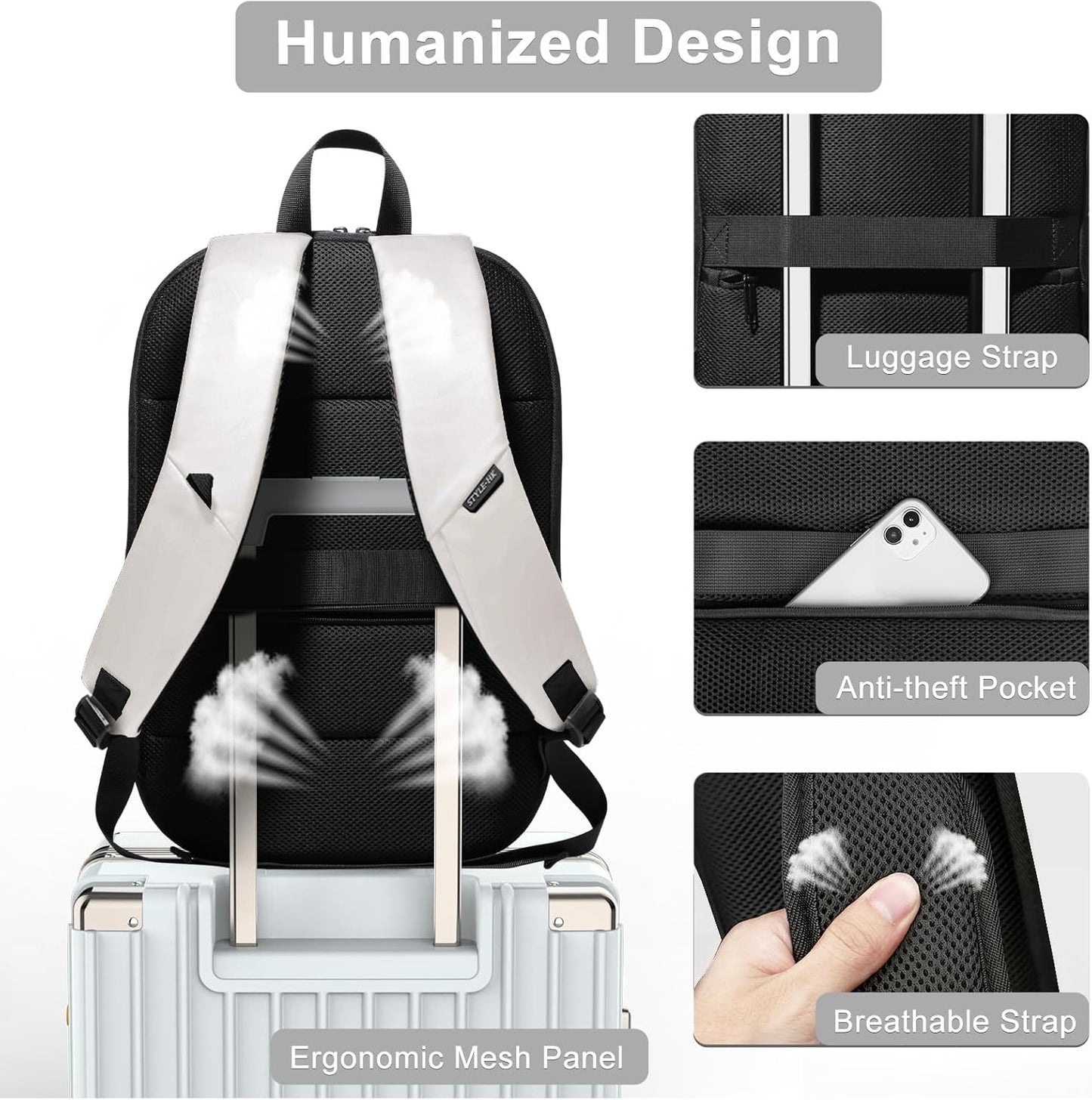 hk Business Backpack for Men 17 Inch,Slim & Expandable Waterproof Travel Laptop Backpack with USB Charger Port (White)