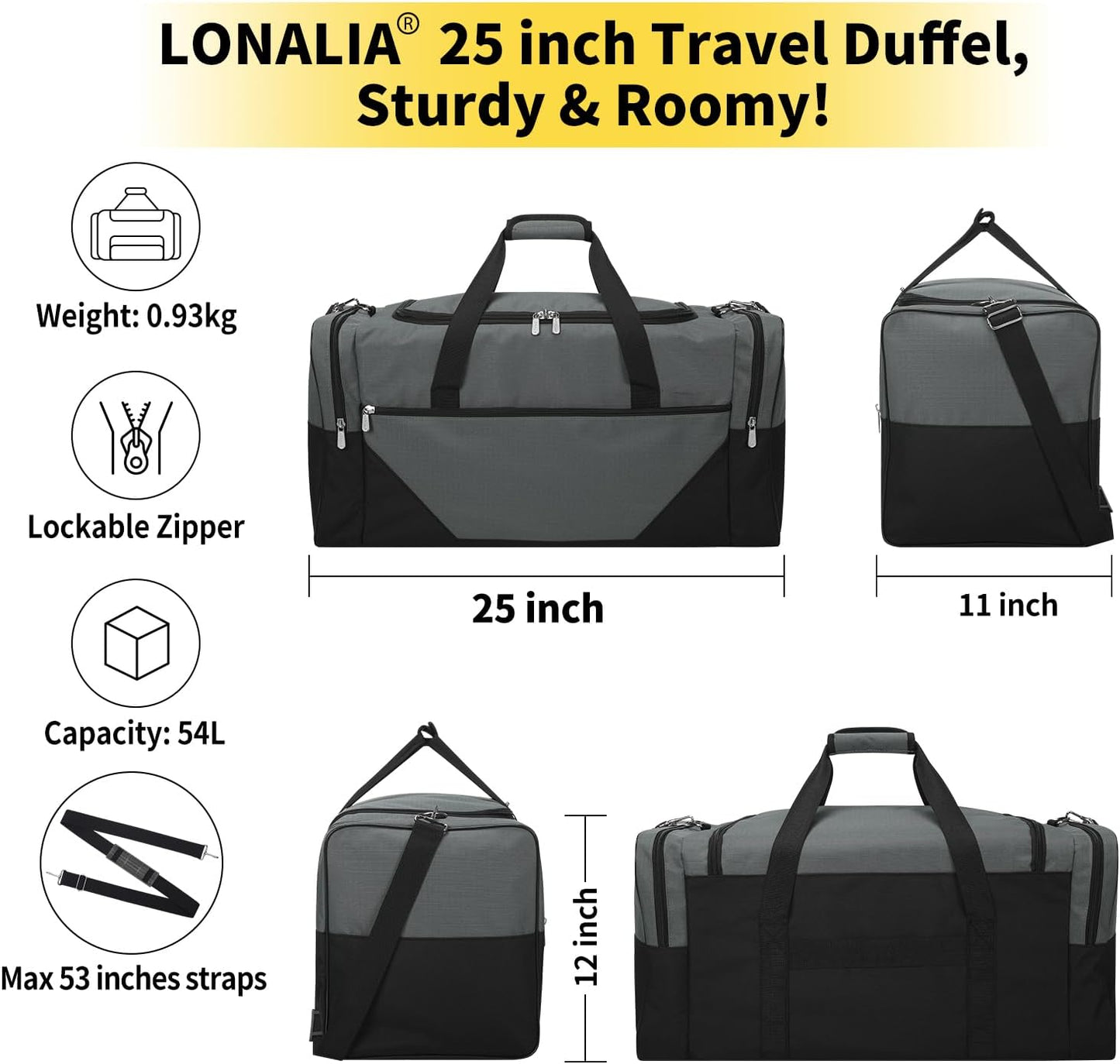 25 in Large Travel Duffel Bag for Men - 56L Roomy Weekender Bag with Trolley Sleeve (Gray)