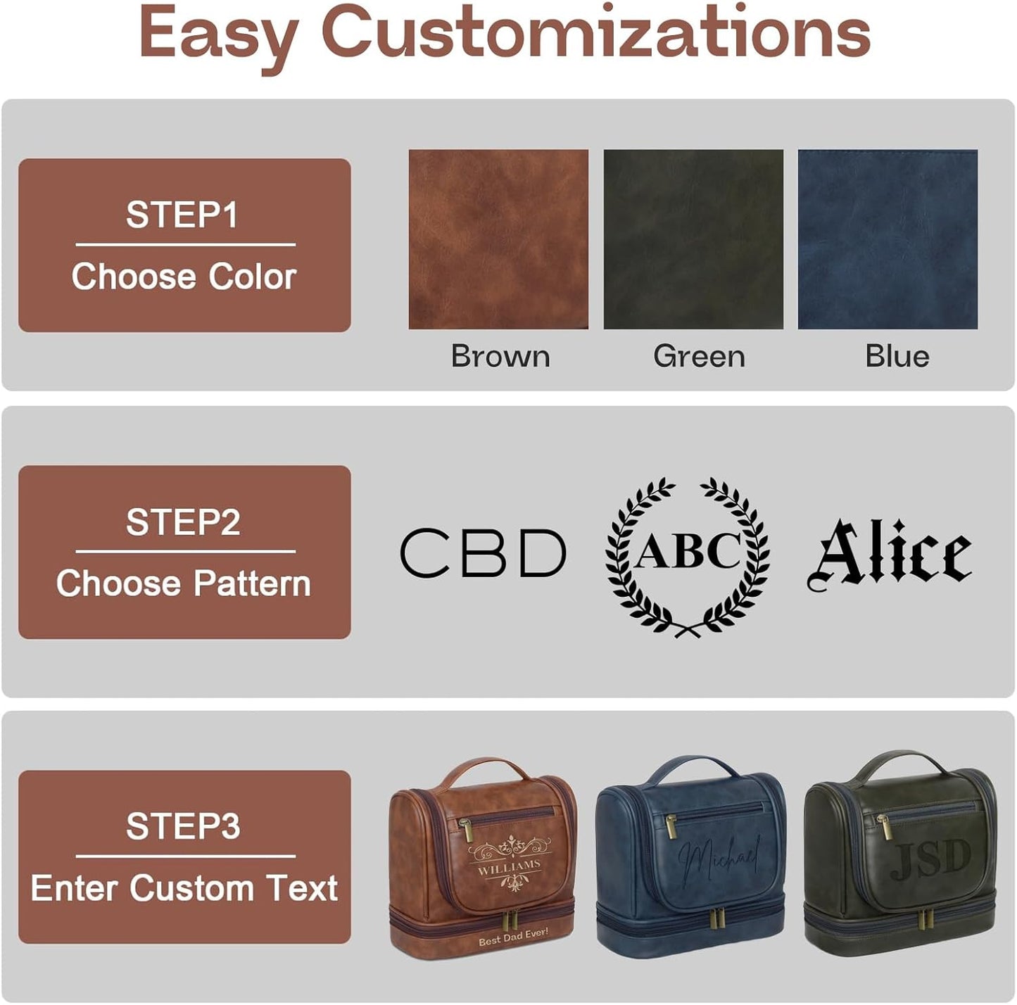 Personalized Hanging Toiletry Bag for Men, Large Capacity PU Leather Vintage Color Travel Dopp Kit, Gifts for Dad Husband Boyfriend Groomsmen, Engraved Custom Name, Birthday Xmas Wedding (Syle 4)