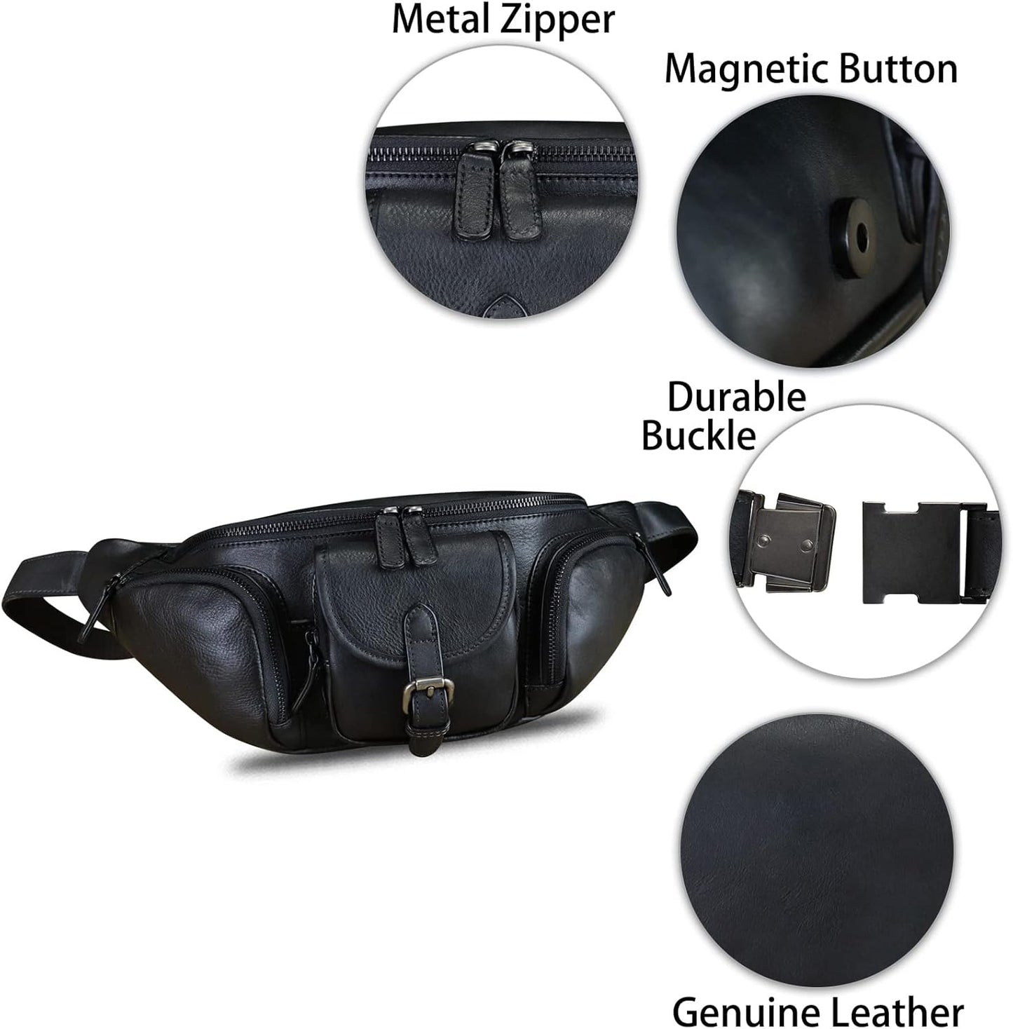 Genuine Leather Fanny Pack for Men and Women Real Leather Sling Bag Crossbody Bag Fashion Waist Bag Chest Purse (Black)