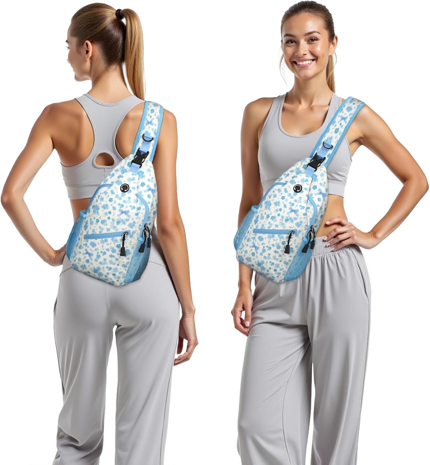 Blue Floral Sling Bag Crossbody Chest Bag for Women Men, Water Resistant Lightweight Casual Crossbody Bag with Adjustable Strap, Travel Hiking Daypack Shoulder Backpack
