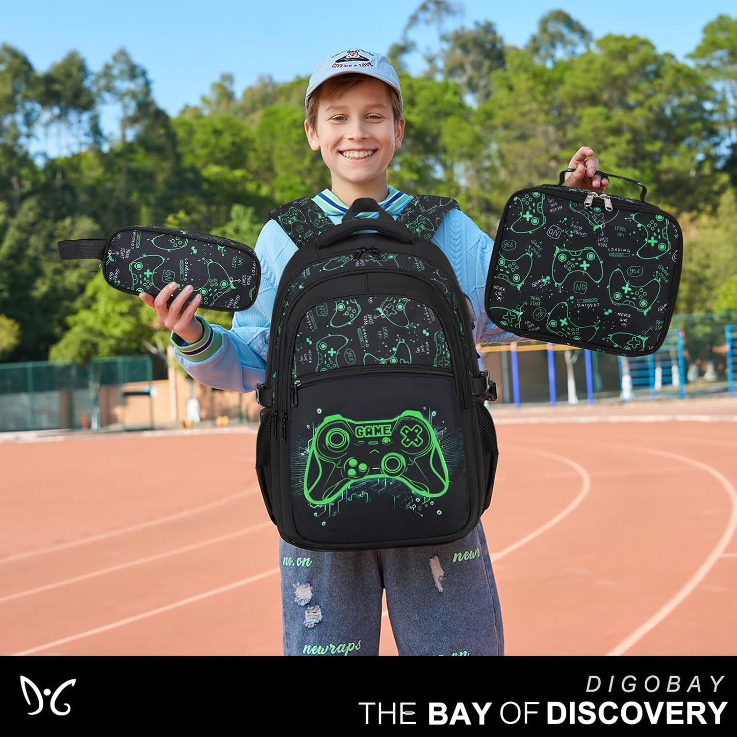 Boys Backpack for School, 3PCS Cool Luminous Gamer Backpack for Boys with Lunch Box Pencil Case, Kids Backpacks Bookbag for Teen Boy Elementary Middle High School with USB Charging Port