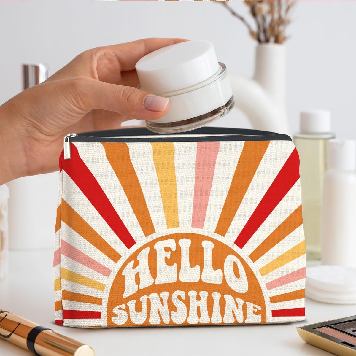 Inspirational Gifts Hello Sunshine Makeup Bag, Positve Gifts for Women, Boho Sunrise Sunshine Zipper Makeup Pouch
