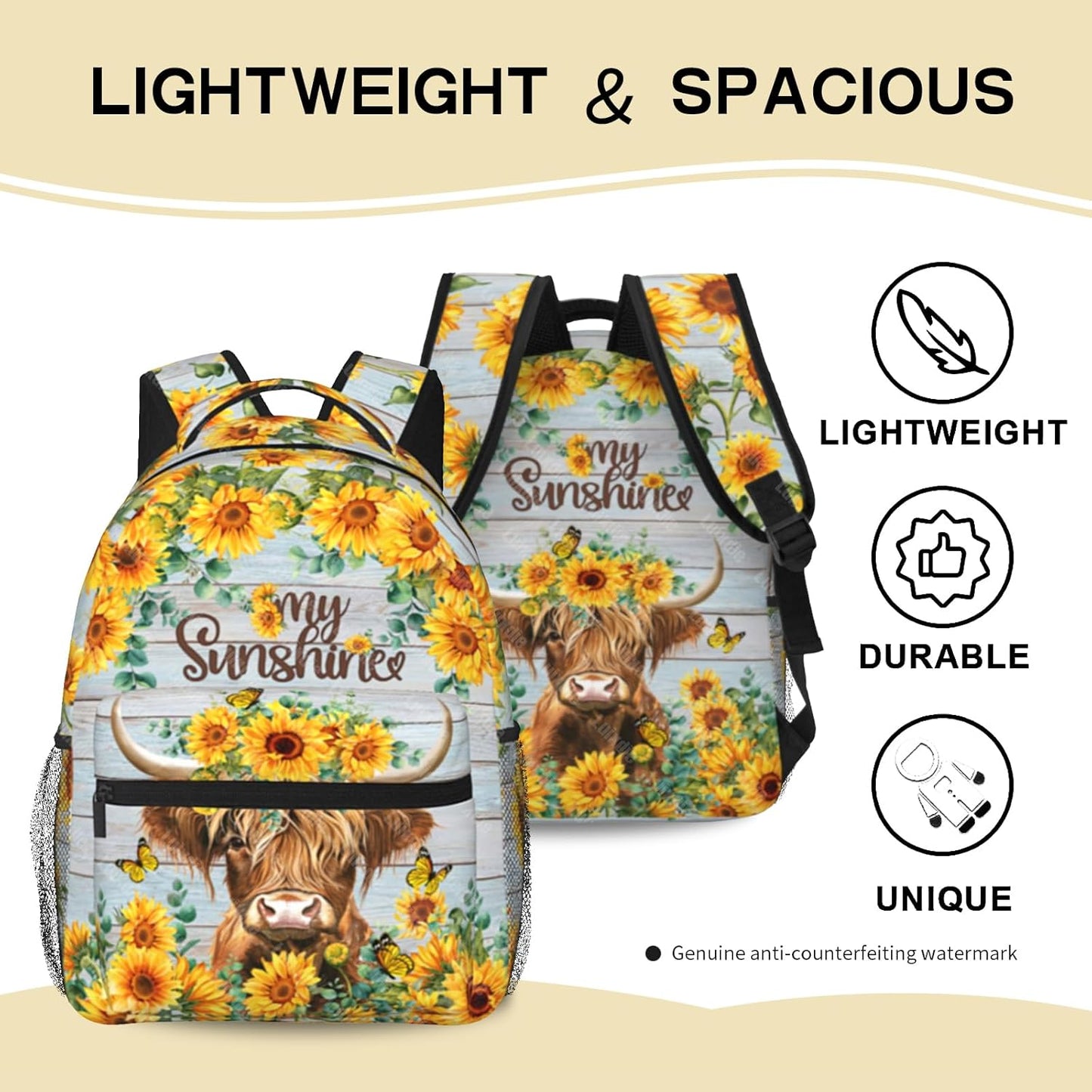 Highland Cow Backpack for Teen Girls Women Sunflower Print Backpack for Kids Lightweight Bookbag for Elementary Preschool Bookbags