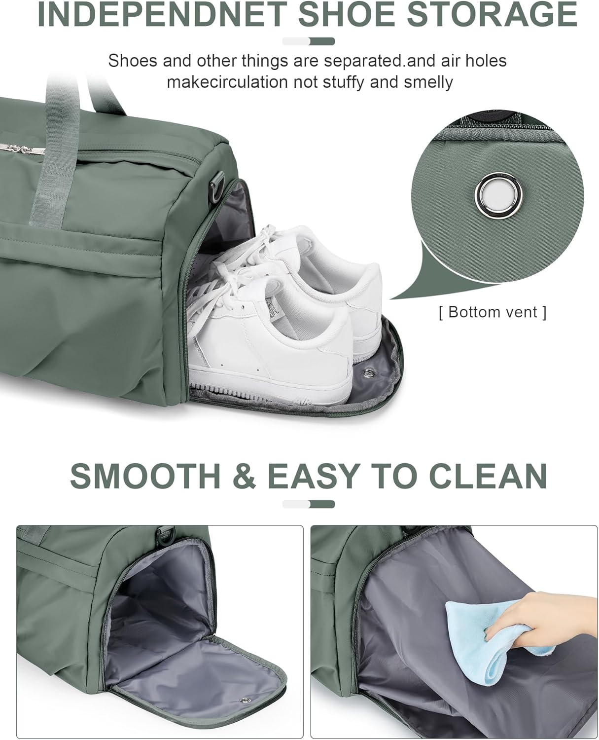 Gym Bag for Women Men with Shoe Compartment, Sport Duffel Bag, Waterproof Travel Weekender Overnight Carry on Bag for Yoga with Trolley Sleeve, Green