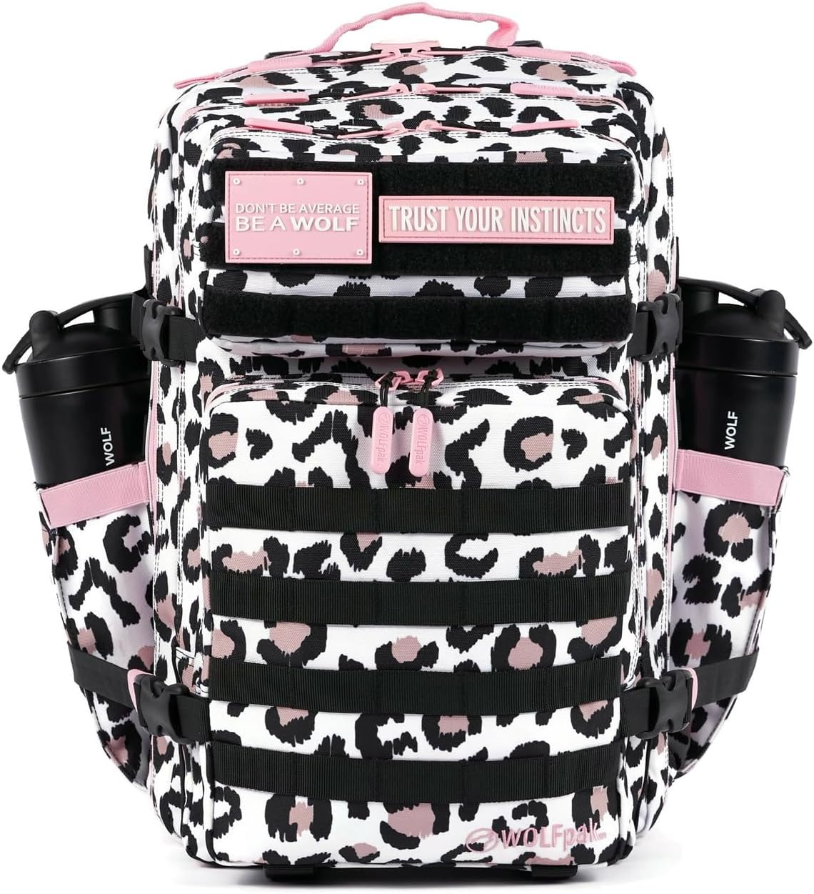 WOLFpak 45L Athletic Gym Backpack - Durable 1000D Waterproof Oxford Material w/MOLLE Webbing, Laptop Pocket & Dual Cup Holders, Durable Everyday Gym Backpack (Leopard Pink Zip)