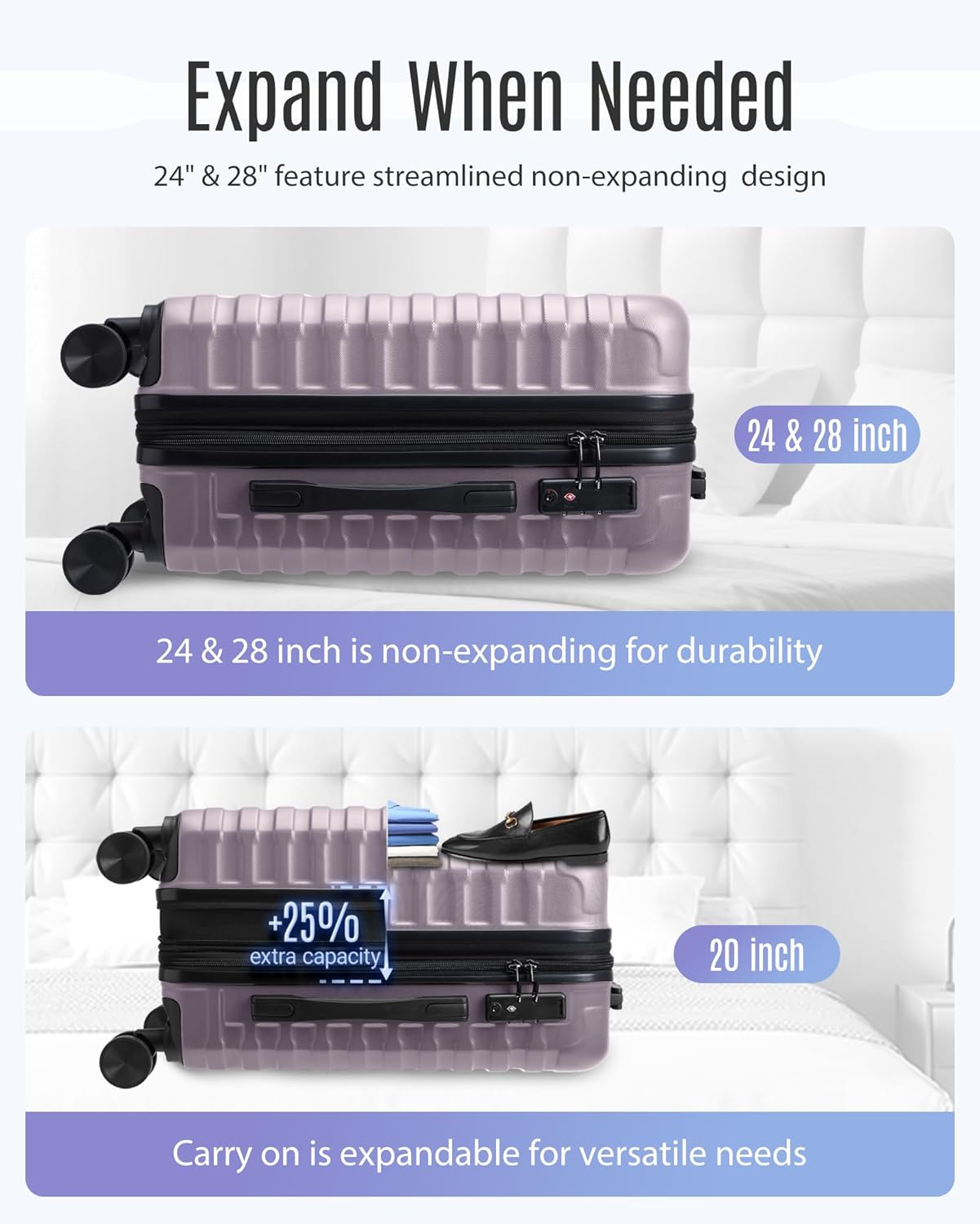 LIGHT FLIGHT Luggage Sets, 3 Piece Durable Suitcase Set with Spinner Wheels, 3 Pcs Hardside Lightweight luggage with TSA Lock, Large Checked Travel Suitcases, 20/24/28 Inch, Rose Purple