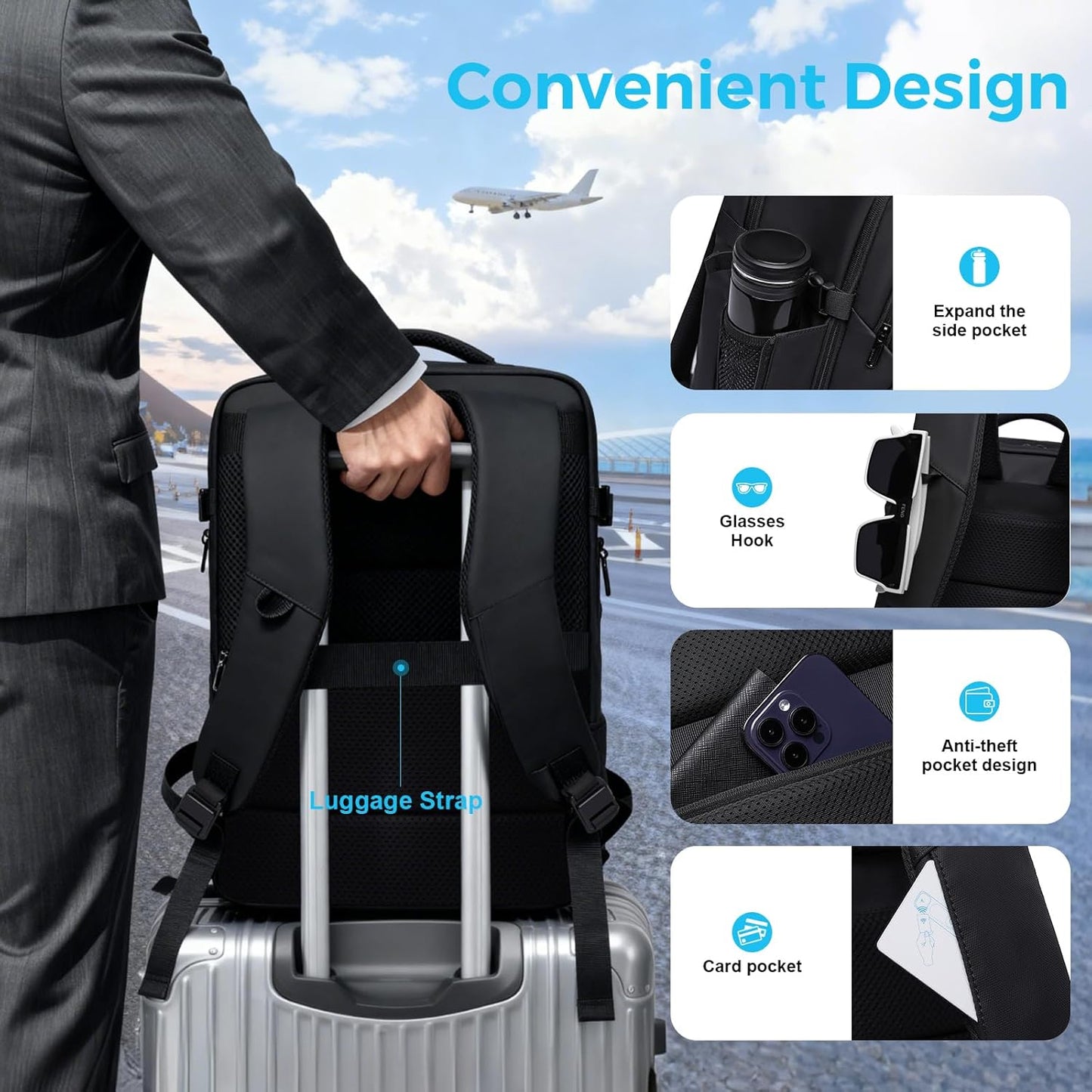 Travel Backpack for Men, 17.3 Inches Business Laptop Backpack Water-Resistant Carry on Airline Approved 18x14x8 Luggage Backpack with USB Charger Port