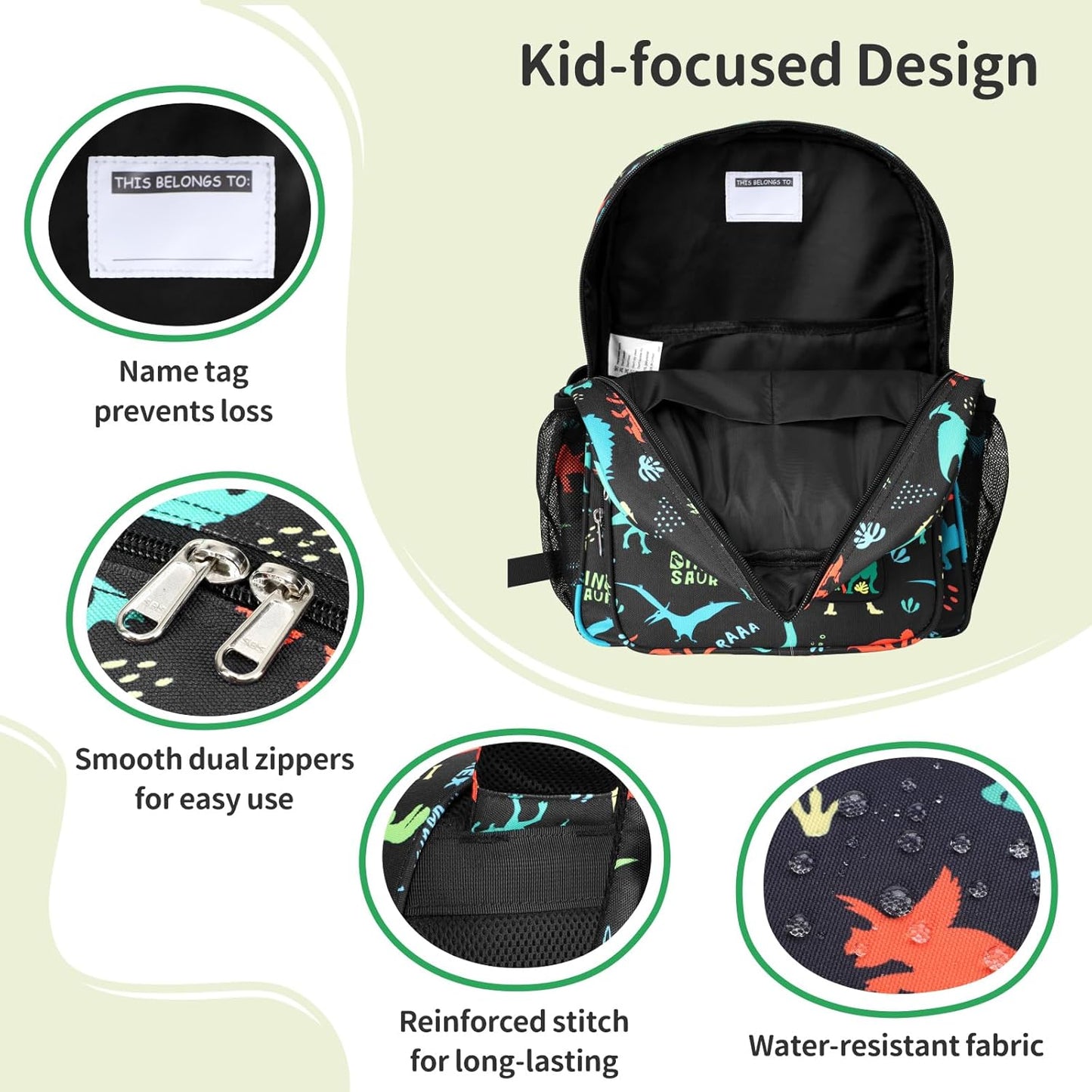 2pcs Kids Backpack for Boys Girls - 15 Inch Backpack for Kids 3 to 8, Lightweight Bookbag for Preschool Kindergarten Elementary School, Insulated Pocket, Black Dino & Pink Unicorn