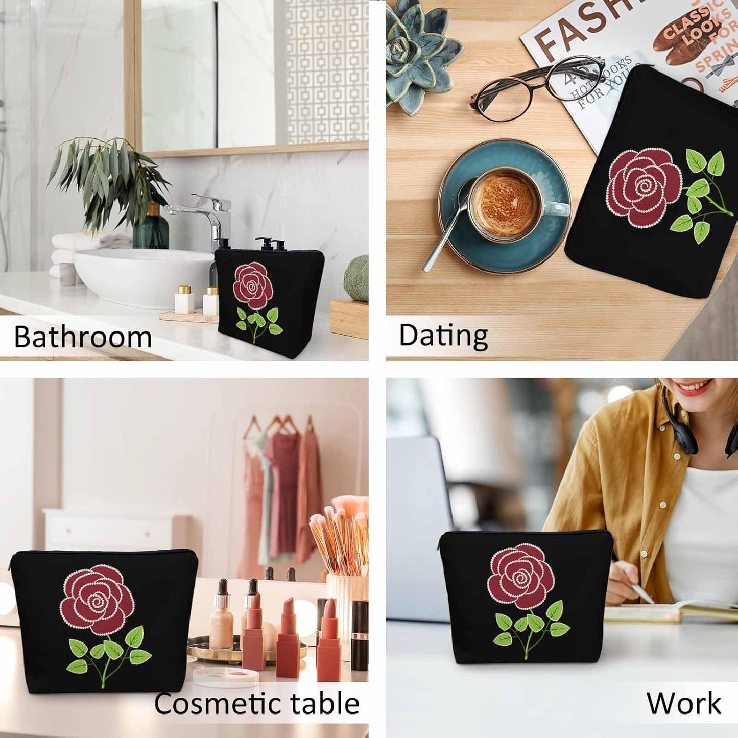 Women Cosmetic Bag Rose Pearl, Elegant Rose Beads Red Cute Makeup Bag For Purse Cosmetic Travel Bag For Toiletries Makeup Storage Bag Flax Skincare Bag Make Up Pouch Bags