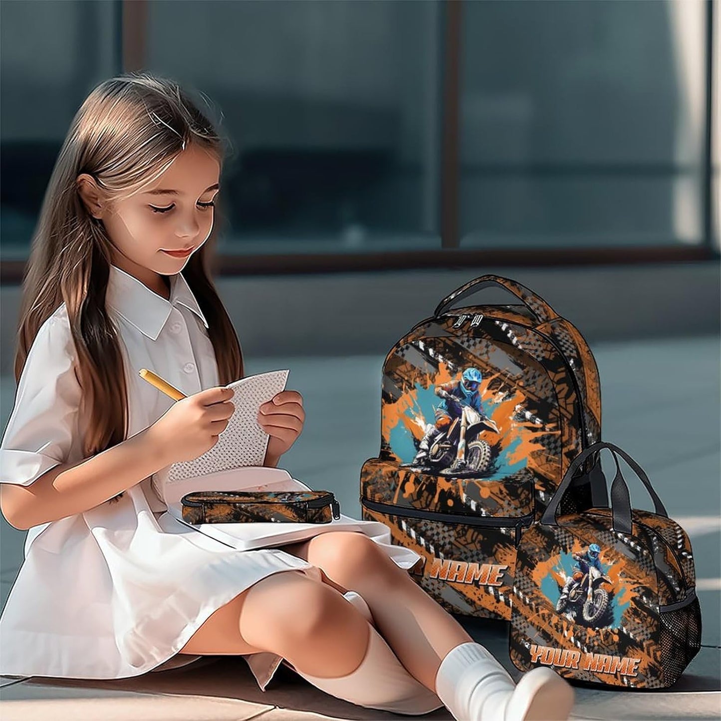 Backpack and Lunch Box - Custom Cool Motorcycle Backpacks with Lunch Bag for Kids Boys - 17 Inch 3 in 1 Bookbag Set for School, Travel