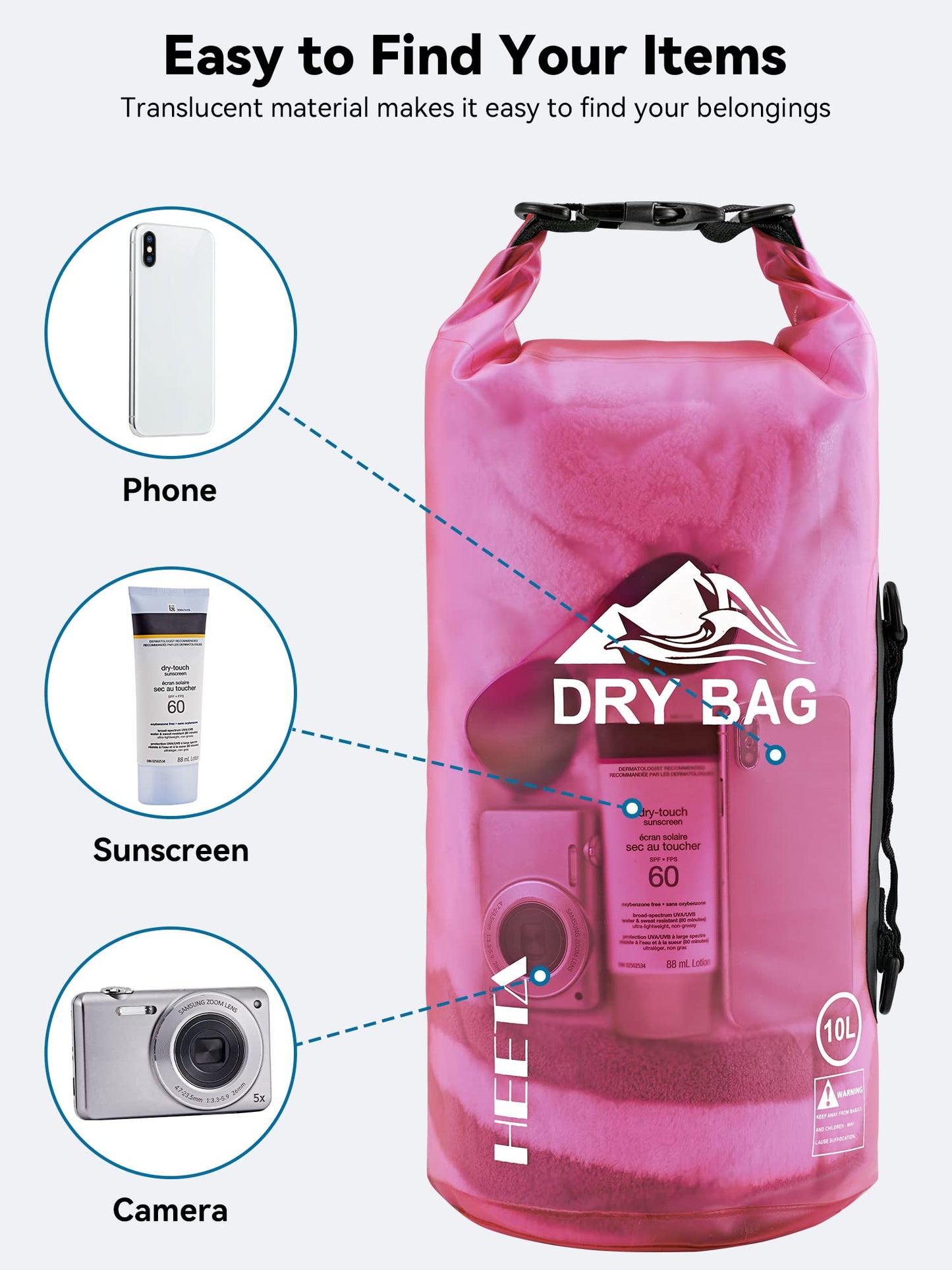 HEETA Dry Bag Waterproof for Women Men, Roll Top Lightweight Dry Storage Bag Backpack with Phone