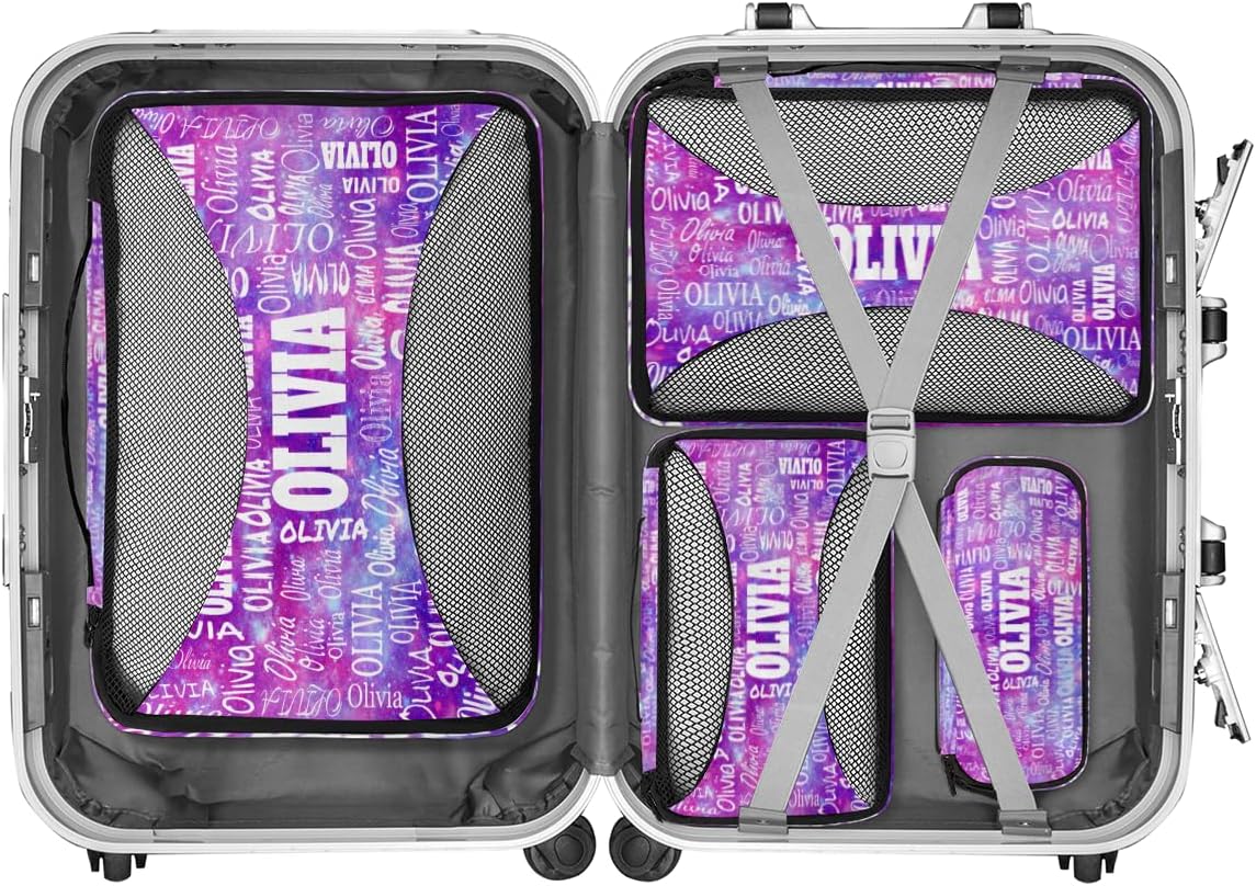 Personalized Packing Cubes, Set of 4 with Zipper Handles, Custom Name Travel Suitcases Luggage Packing Organizers, Watercolor Purple Galaxy Background