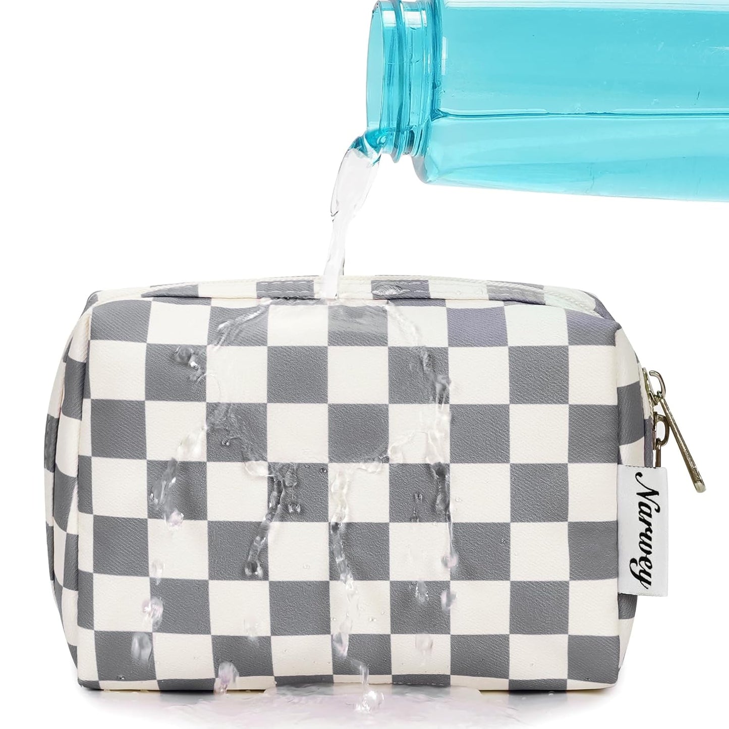 Narwey Small Checkered Makeup Bag for Purse Mini Cosmetic Bag Travel Makeup Pouch Zipper Pouch Cute Make up Bags with Compartments for Women Girls (Grayish Blue Checkerboard, Small)