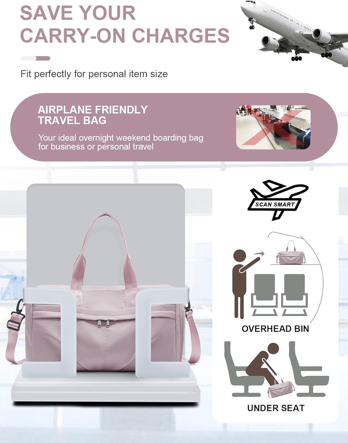 Gym Bag for Women Duffle Bag with Shoe Compartment Yoga Mat Bag Sports Workout Bag Weekend Overnight Bag, Light Pink