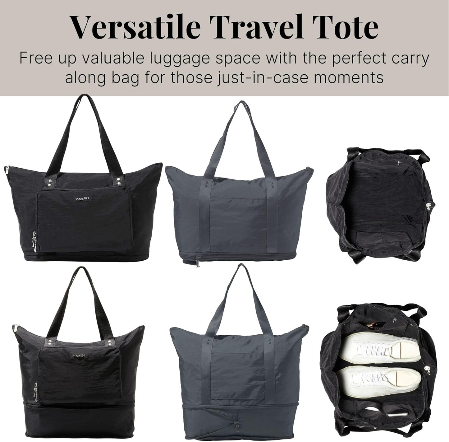 Baggallini Carryall Expandable Lightweight Travel Tote 22" Packable Folding Compact Nylon Washable Weekender w/Luggage Sleeve