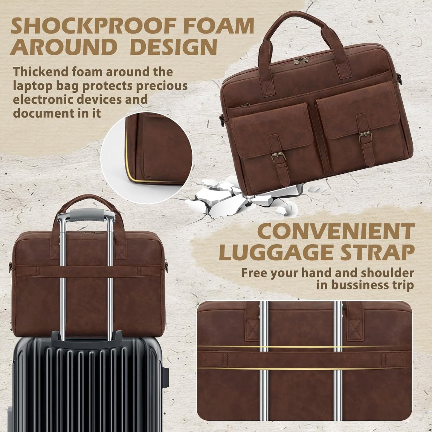 RAINSMORE Messenger Bag for Men 16 Inch Leather Laptop Bags Work Computer Briefcase Vintage Mens Satchel Shoulder Bag for Work, Office, Business, Travel, Brown