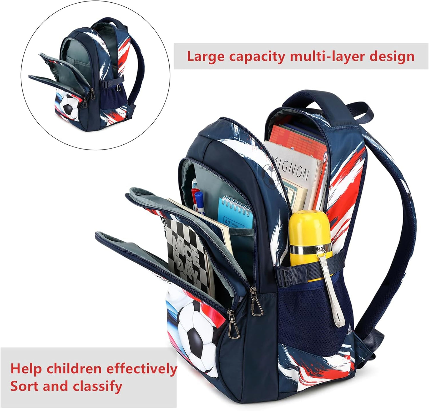 Boys Backpack Kids Bookbag Durable Elementary Middle School Bags Soccer 18in (white)