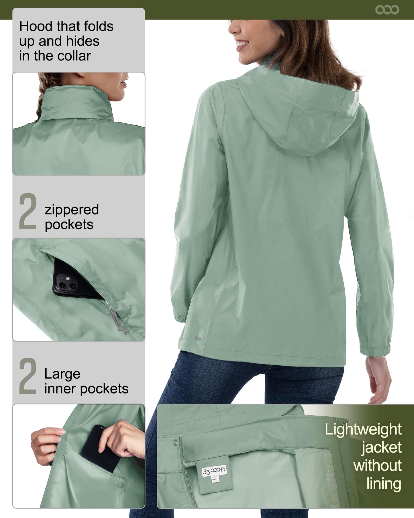 33,000ft Women's Rain Jacket Waterproof Lightweight Packable Raincoats