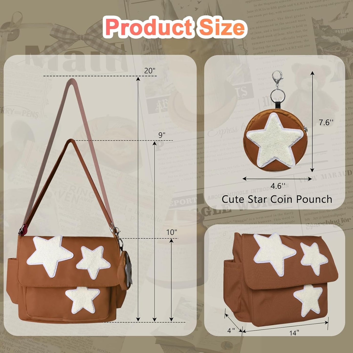 Y2K Messenger Bag for Women, Lightweight Spacious Stars Tote Purse with Cute Coin Purse, Crossbody Shoulder Bag
