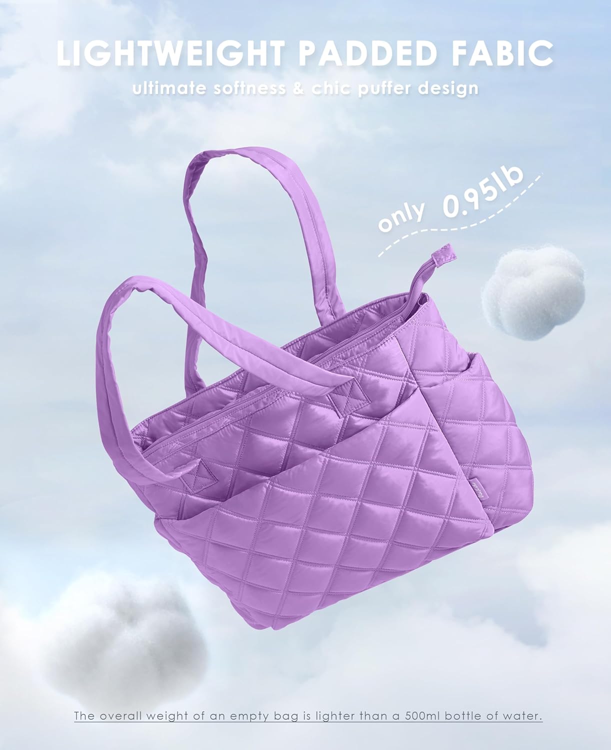 Tote Bag for Women, Lightweight Puffer Tote Work Bags with Compartments for Travel, Quilted Shoulder Bag with Zipper