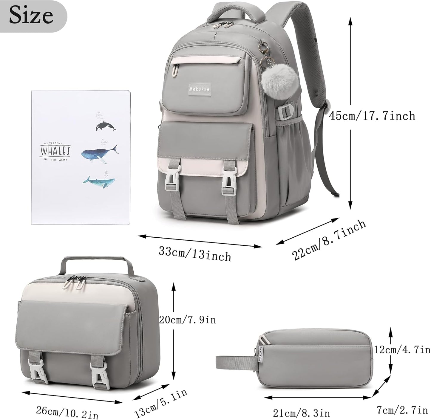 Makukke School Backpack for Girls Book Bag Set, School Bag for Teens Girls Kid Children Elementary Middle School Student, Waterproof Gray Backpack