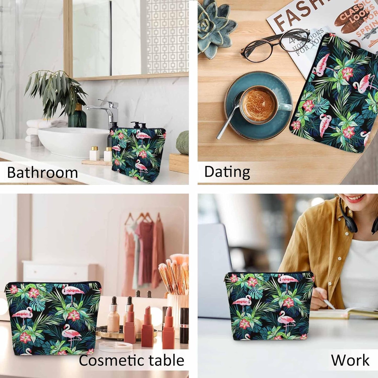 Makeup Bag Purse Flamingo, Tropical Palm Leaves Hibiscus Cosmetic Bags For Women Flamingo Pink