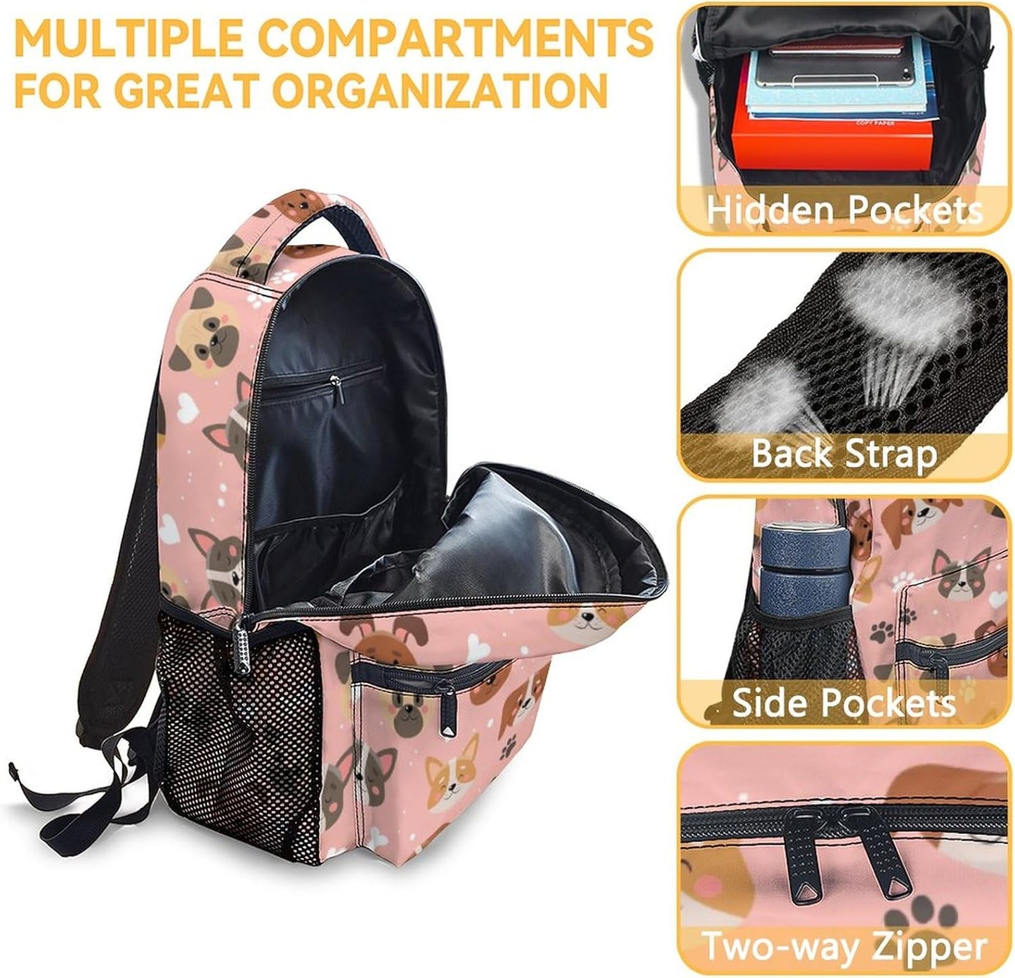 Dog Backpack with Lunch Box, Set of 3 School Backpacks Matching Combo, Cute Pink Bookbag and Pencil Case Bundle