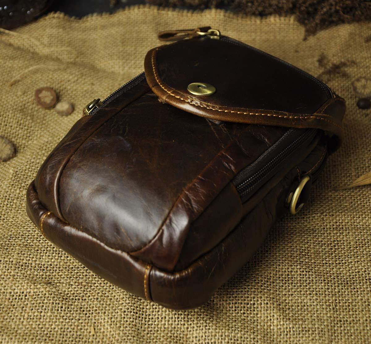 Le'aokuu Mens Original Leather Designer Casual Small Messenger Shoulder Bag Fashion Waist Belt Bag Pack Cigarette Phone Case