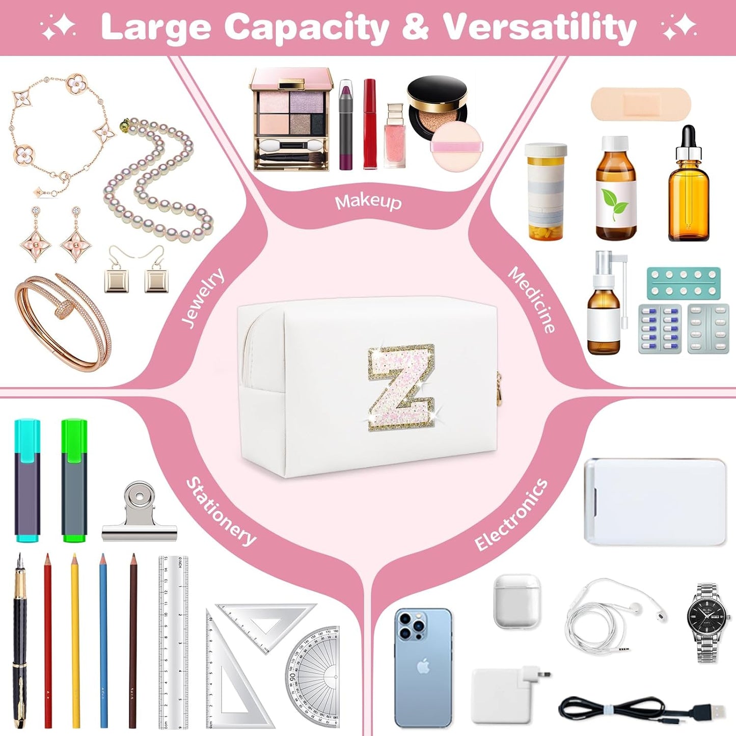 Small Initial Patch Makeup Bag Personalized Gifts Make Up Bag,White Cute PU Leather Glitter Letter
