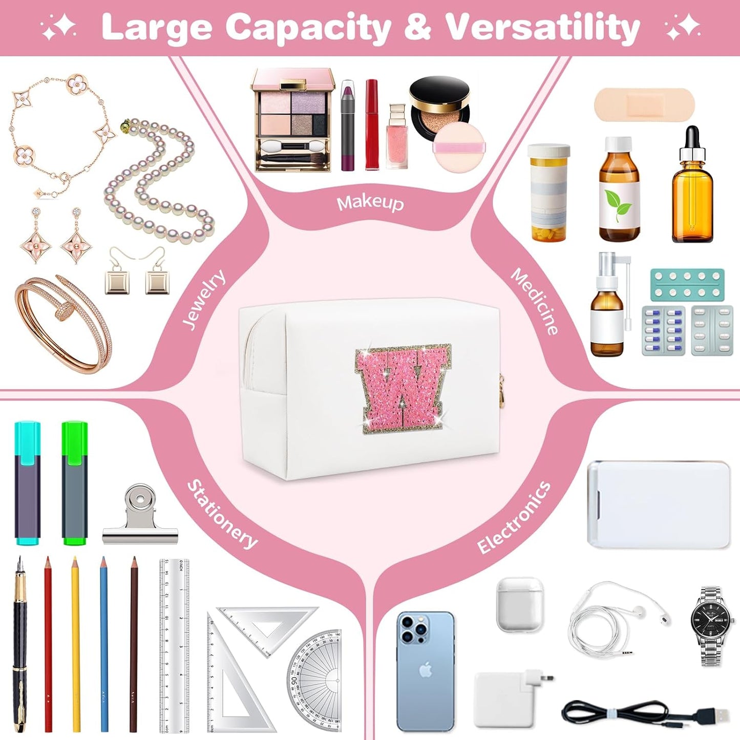 Small Initial Patch Makeup Bag Personalized Gifts Make Up Bag,White Cute PU Leather Glitter Letter Cosmetic Bag with Zipper,Trendy Portable Travel Toiletry Pouch,Preppy Stuff for Teen Girls Women W