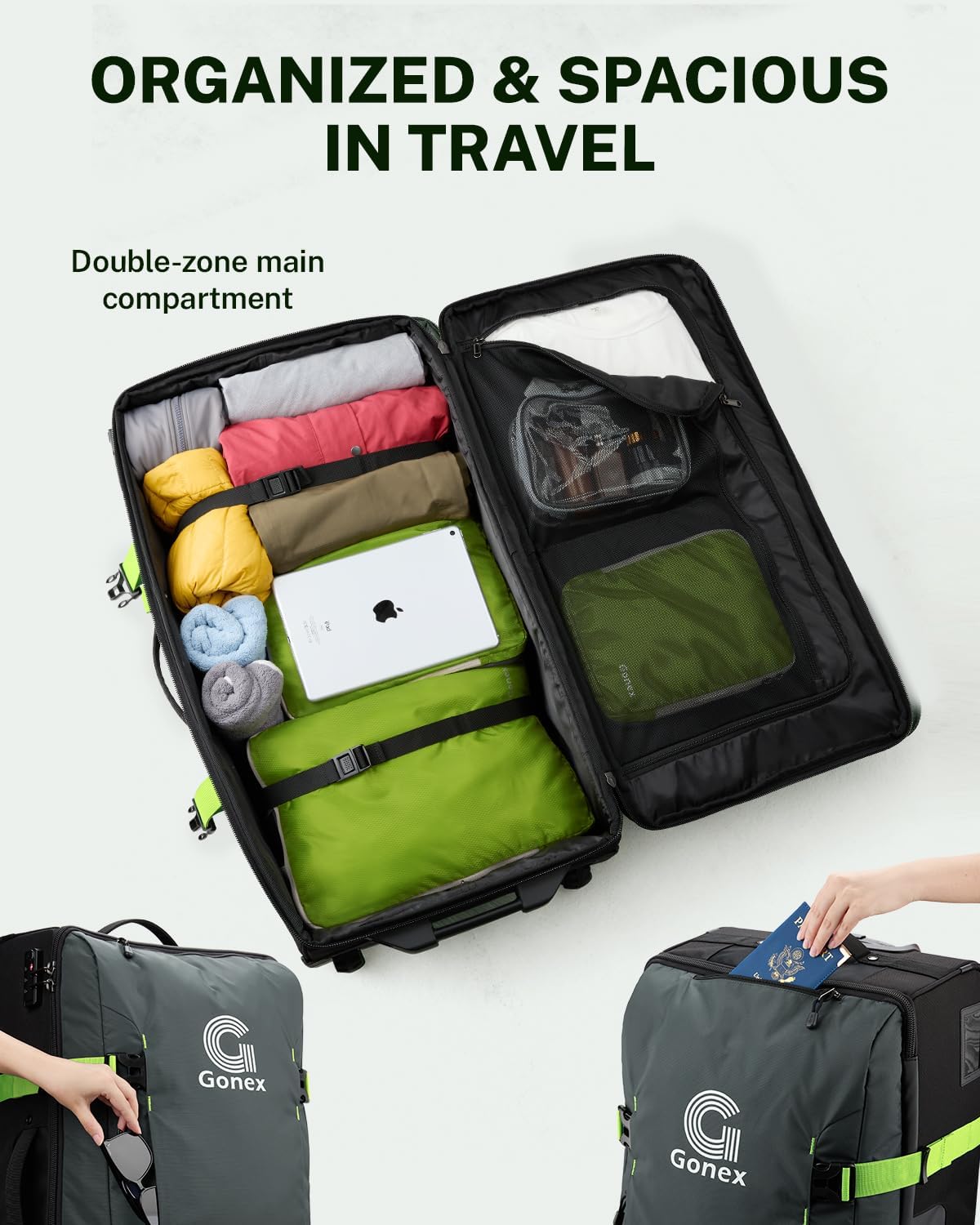 Gonex Rolling Duffle Bag with Wheels, Water-repellent 30 inch Nylon Large Wheeled Travel Duffel Luggage with TSA Lock & Telescopic Handle 100L, Green