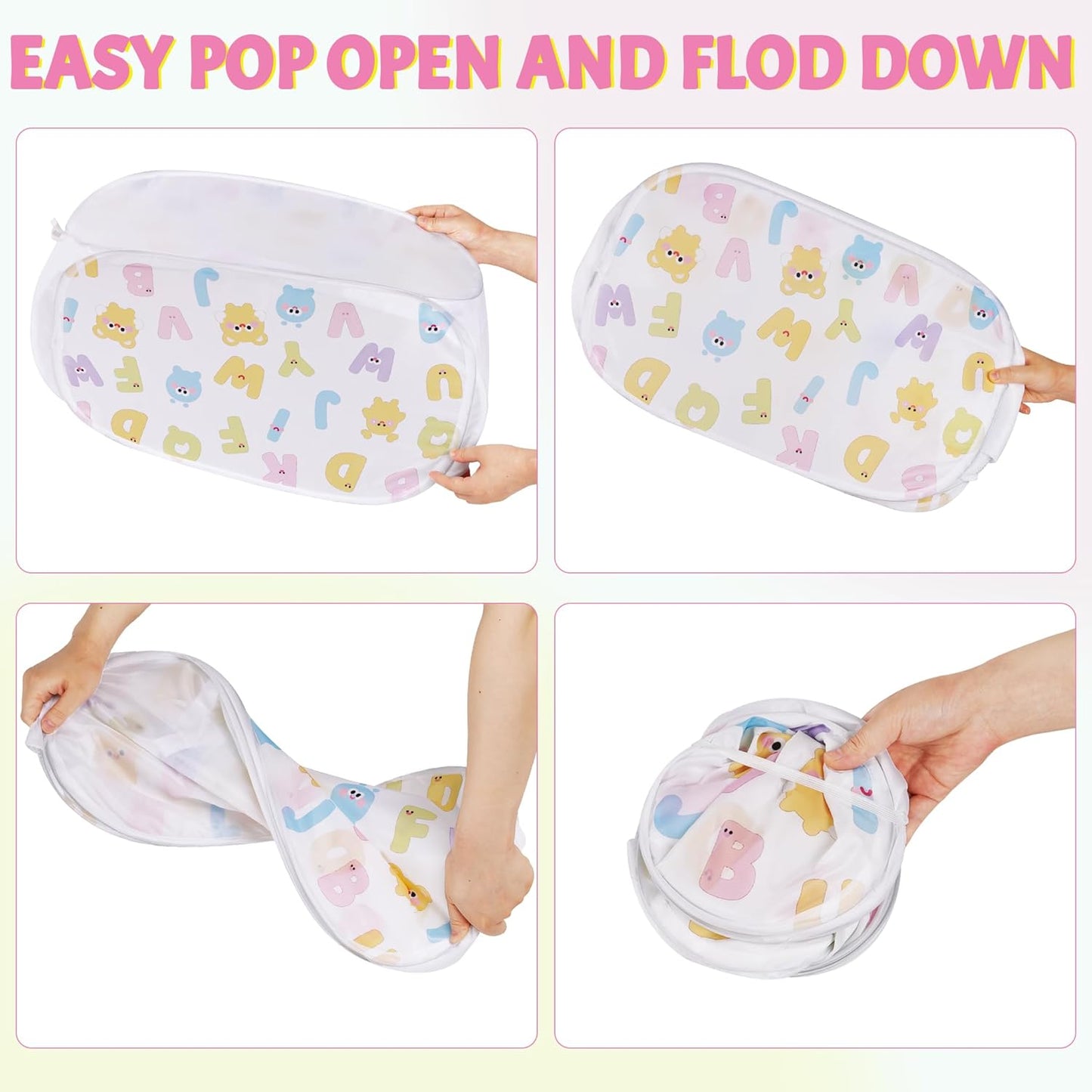 Collapsible Pop Up Hamper for Baby Clothes or Toys Storage, Mesh Hamper with Handles & Side Pocket, Multi-Use Laundry Hamper & Toy Basket, Portable for Home, Travel, Dorm (White-Horizontal)