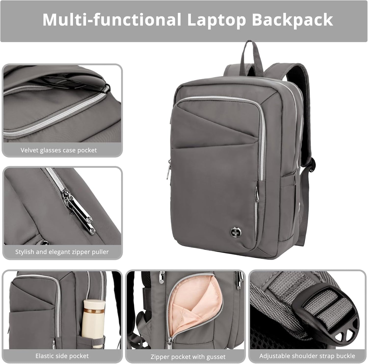 Swissdigital Design Laptop Backpack for Women,Travel Backpack with USB Charging Port,Fits 15.6 Inch School Computer Backpacks for Work Business,Grey | KATY ROSE