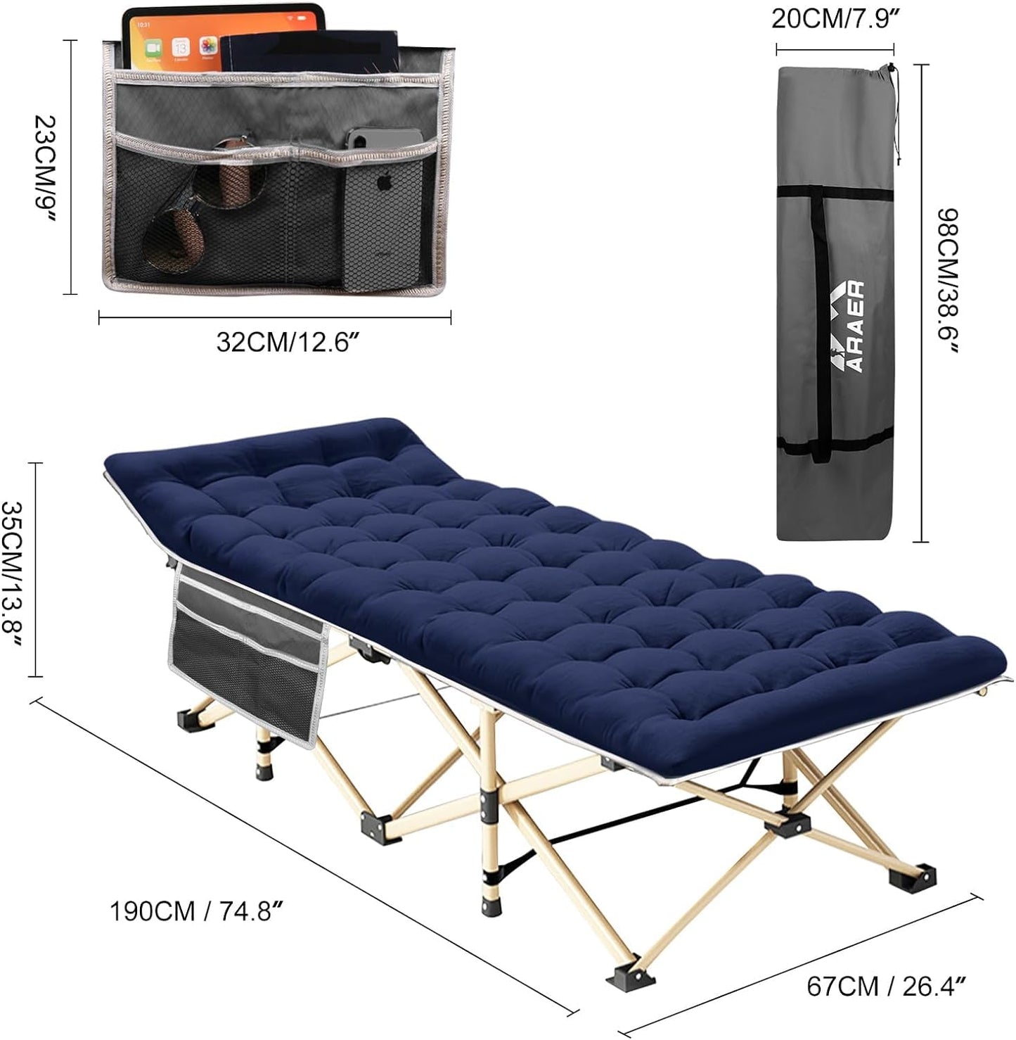 ARAER Camping Cot with Mattress 450LBS Portable Folding Outdoor Bed with Carry Bag for Adults Kids
